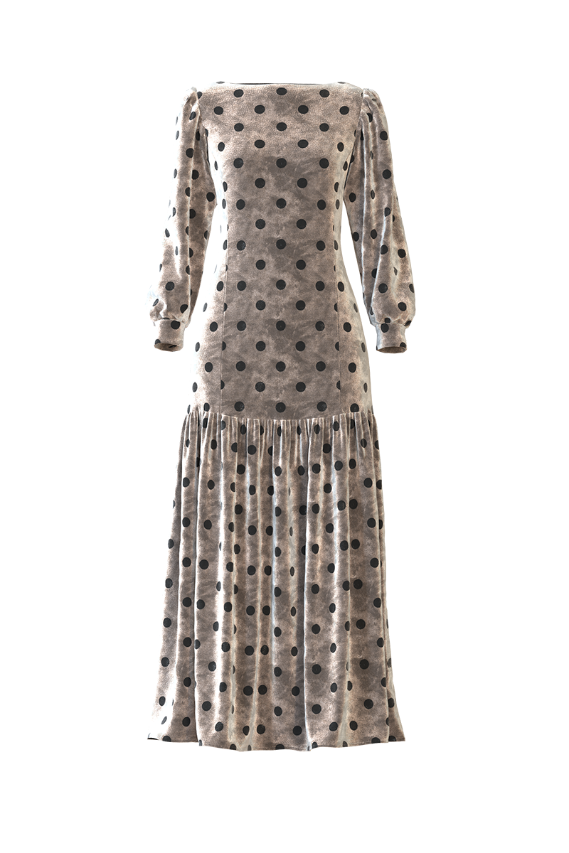 AUDREY DRESS CUSTOMISABLE SILHOUETTE rendered in decadent drapey polka dot