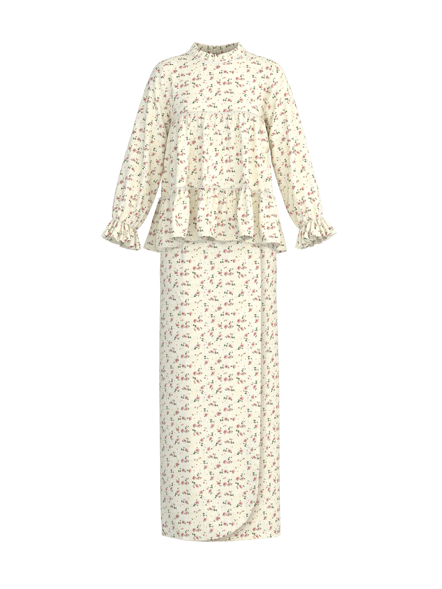 the Leia edition introduces a Rose Buttercups variation- taking cues from the nature, rendered in a youthful, softest jacquard cotton-blend with confections of buttercups prints- The top adorned with crochet lace cascading into a voluminous and demure 'a-line' silhouette.