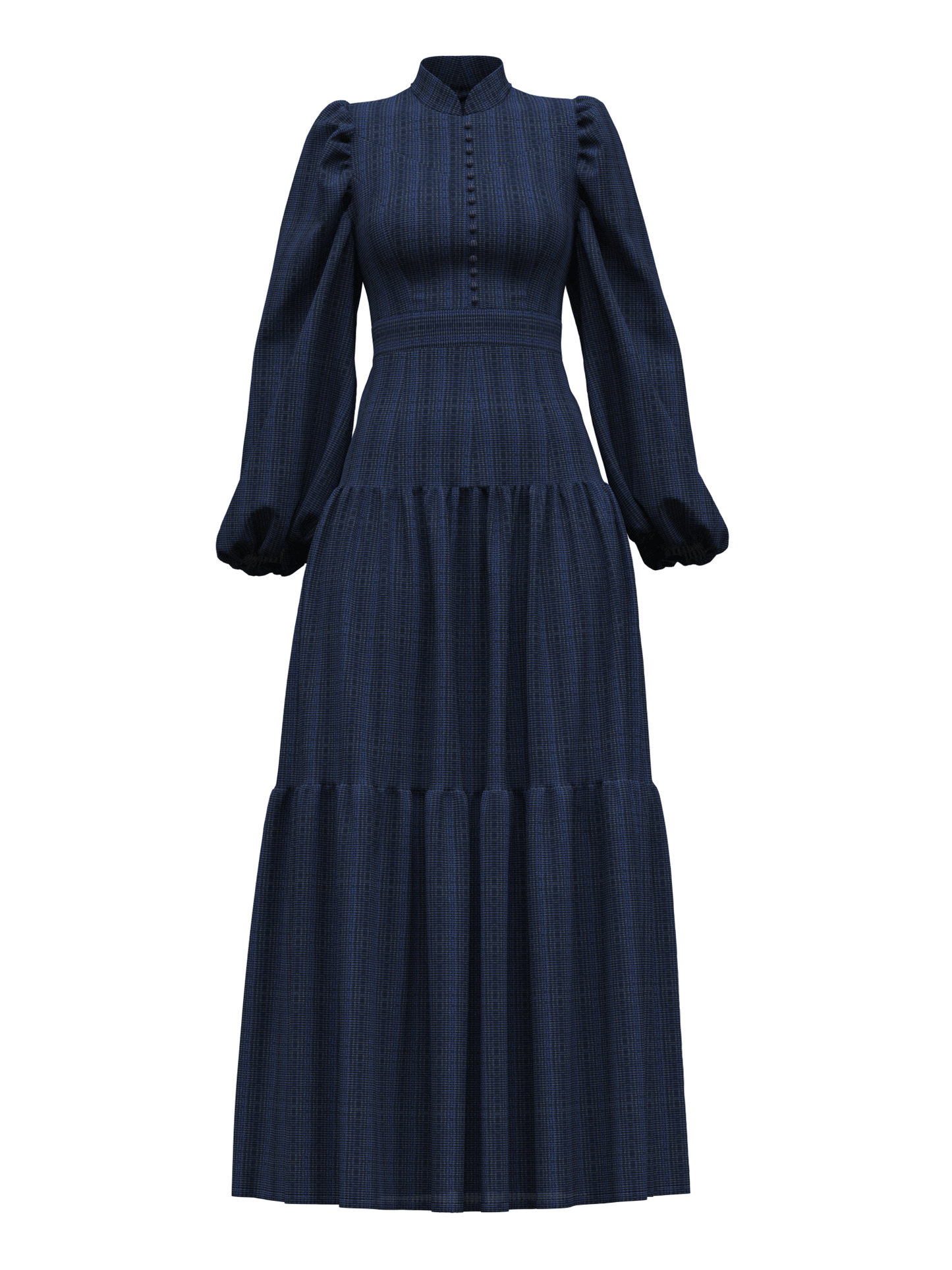 The Zora Opal dress is made in a dreamy jacquard poly-blend with self-covered button-down delight, leading to a high-waist geometric patchwork, while the neckline is accented with a mandarin collar.