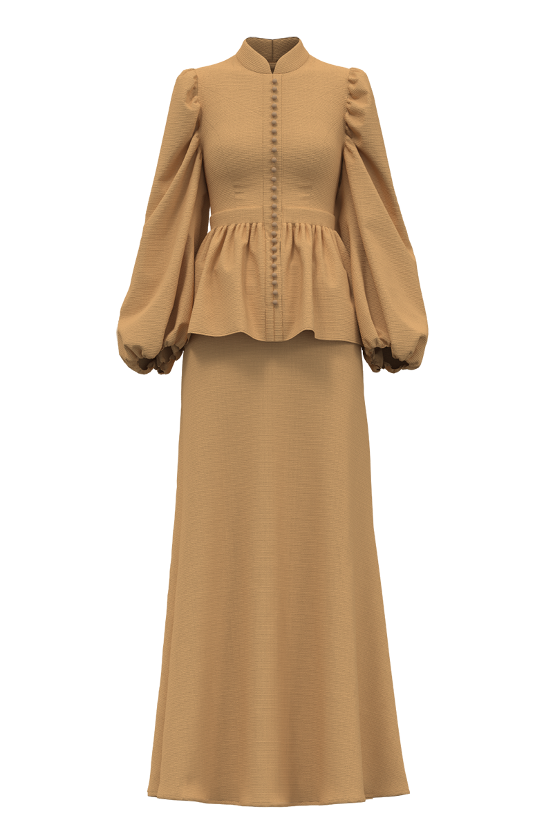 The Zora Opal is our classic statement piece made with premium selection of materials in self-covered button-down delight, leading to a high-waist panel, while the neckline is accented with a mandarin collar.
