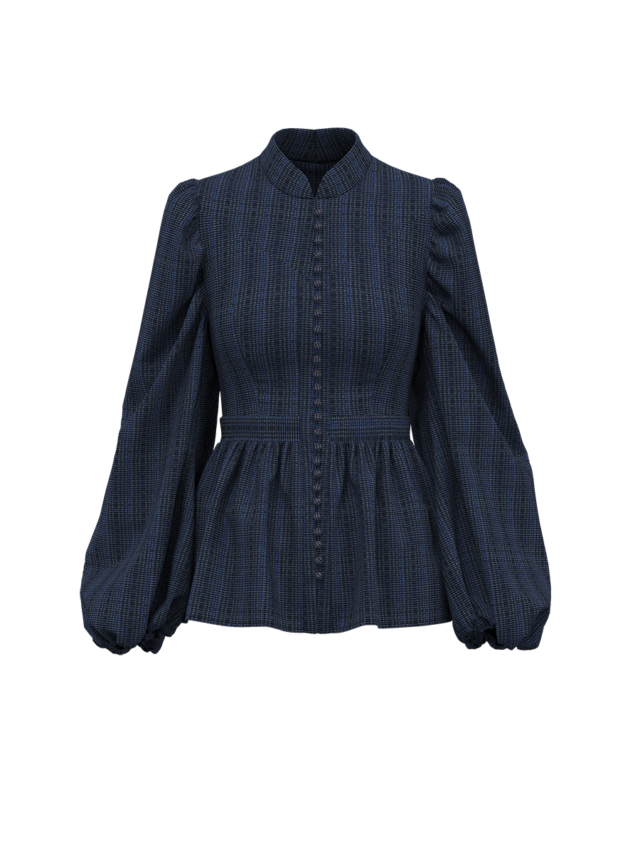The Zora Opal Top is our classic statement piece made with premium selection of materials in self-covered button-down delight, leading to a high-waist panel, while the neckline is accented with a mandarin collar.
