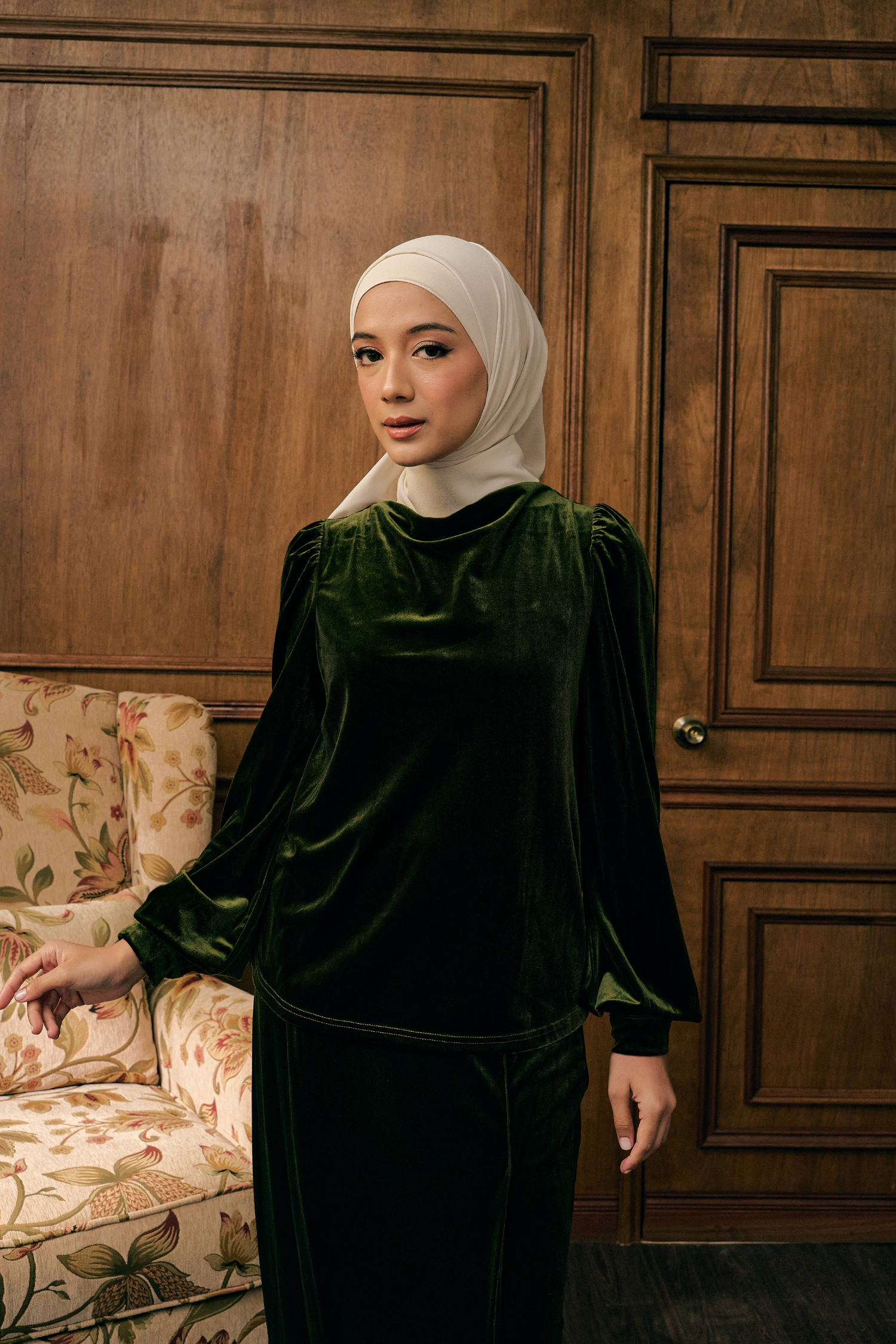 The Hailey Kurung in Olive Featherlight Velvet