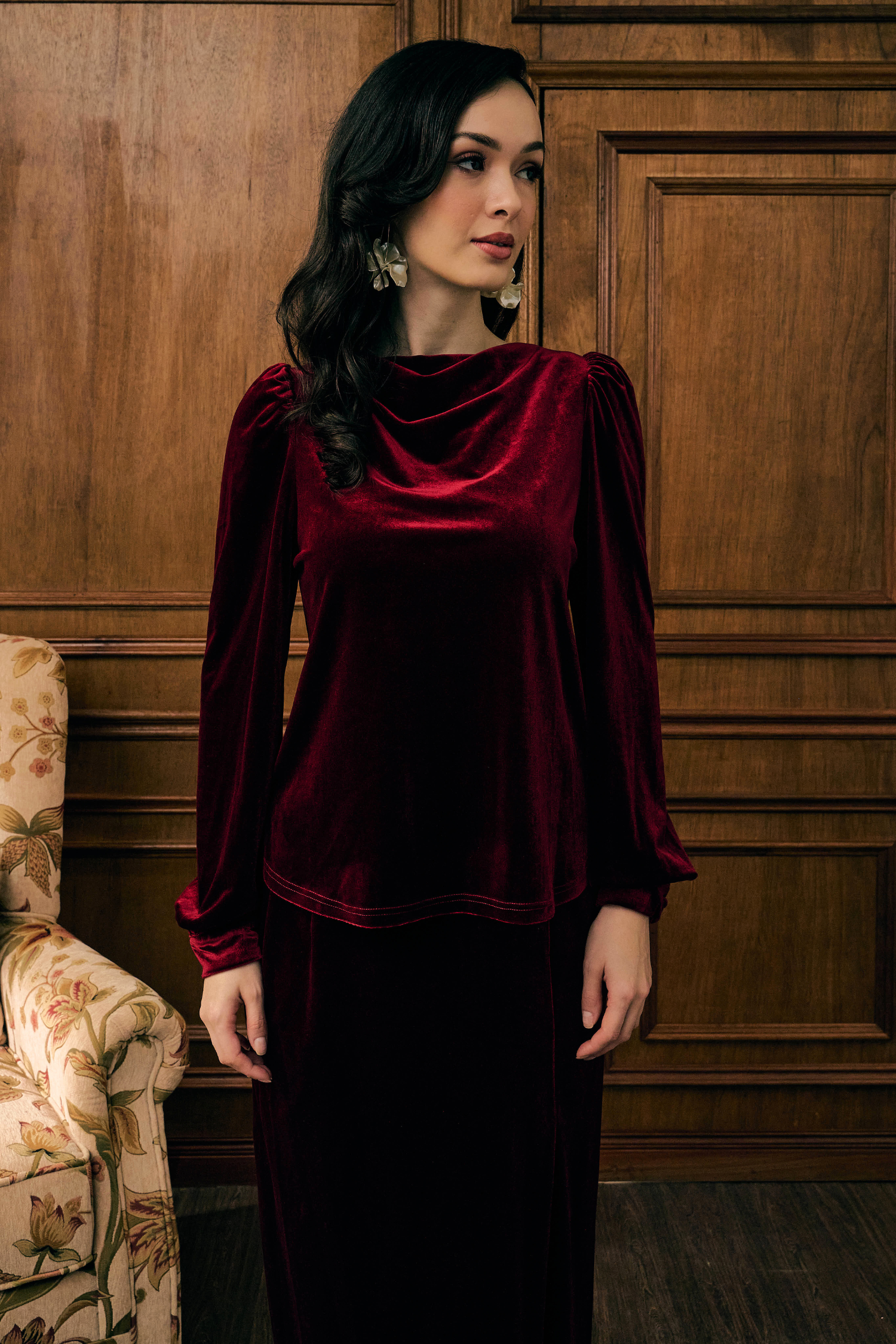 The Hailey Kurung in Wine Featherlight Velvet