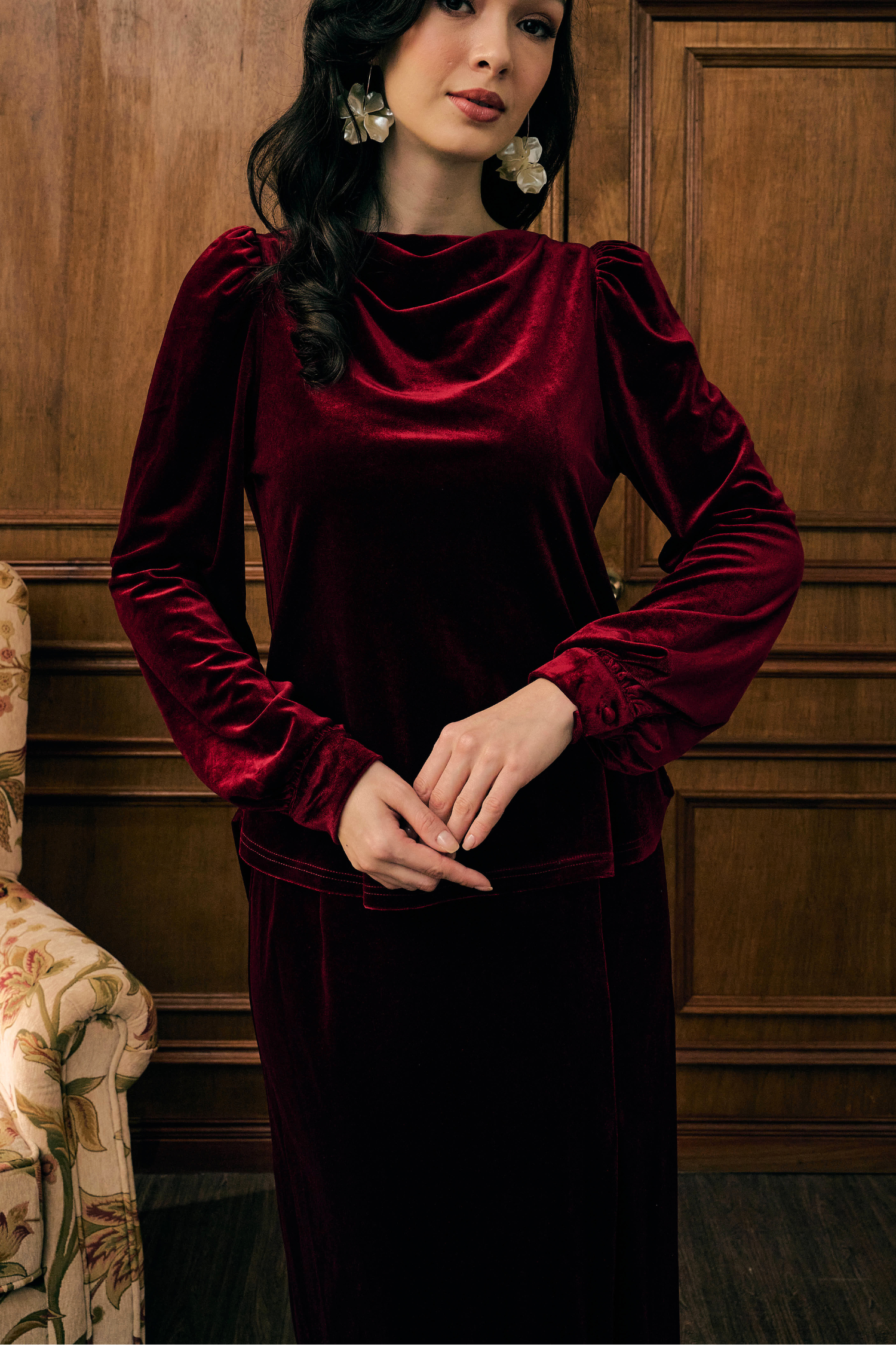 The Hailey Kurung in Wine Featherlight Velvet
