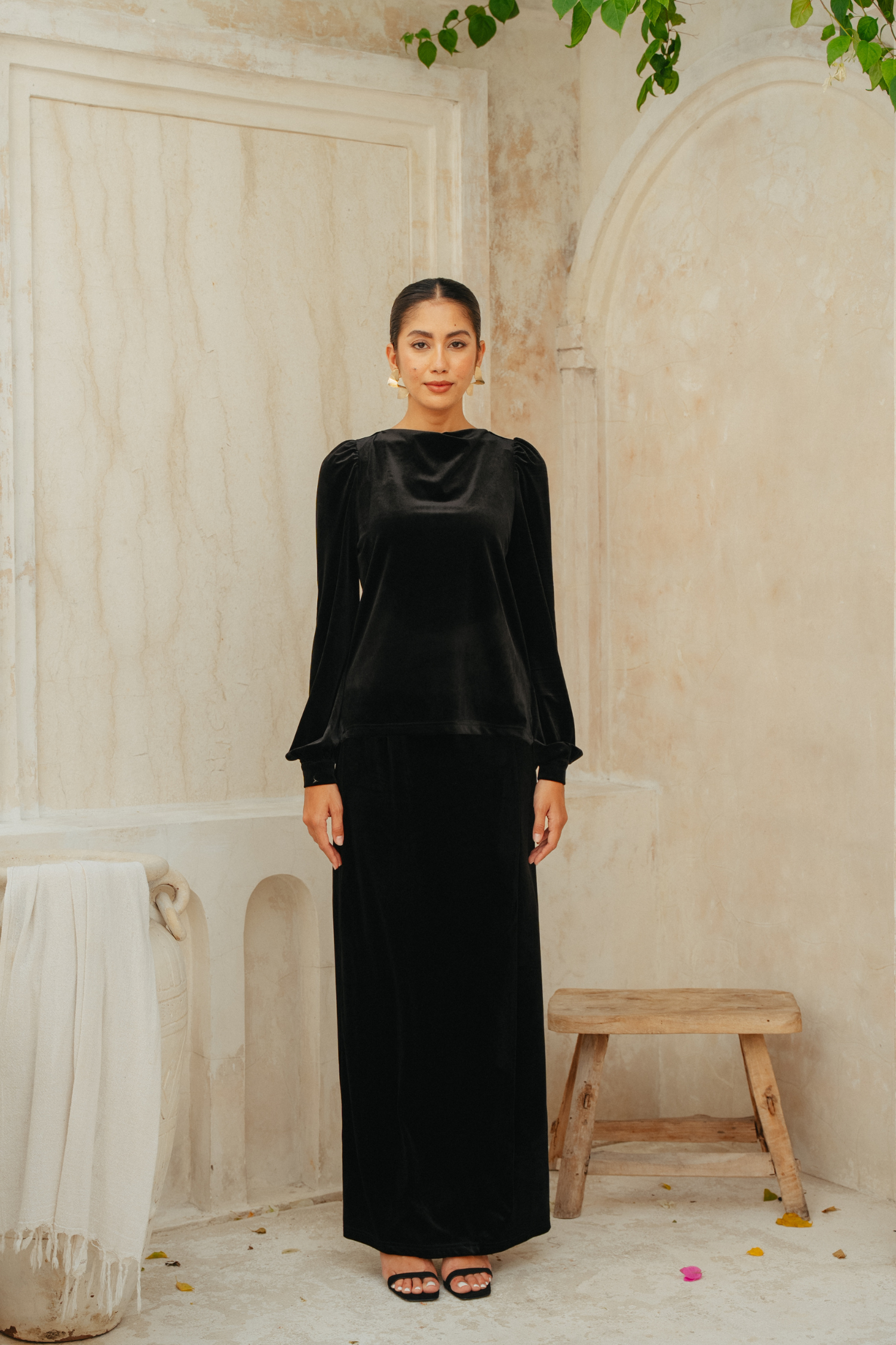 The Hailey Kurung in Black Featherlight Velvet