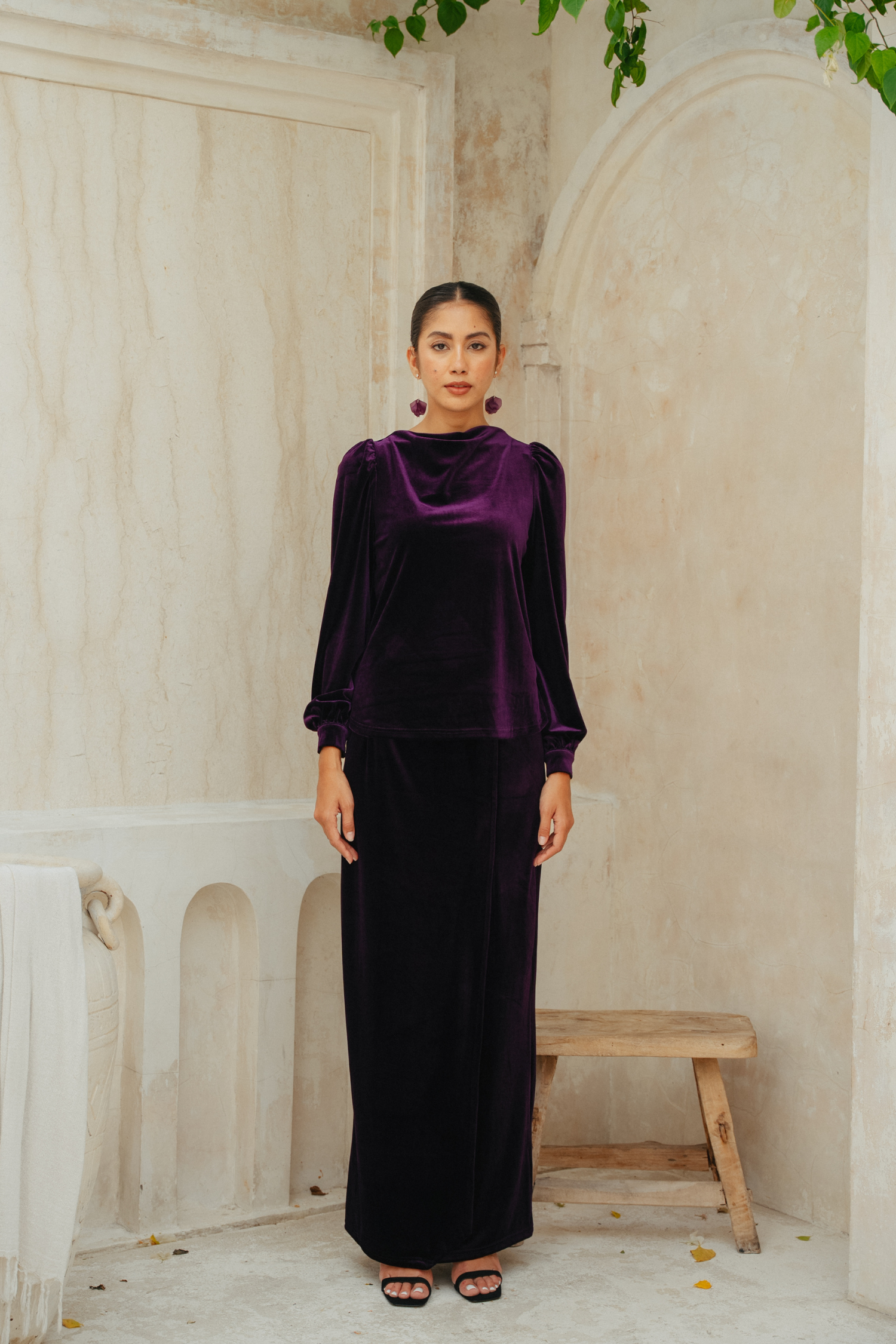 Puple Zora The Hailey Kurung in Deep Purple Featherlight Velvet – Zora Designers ...