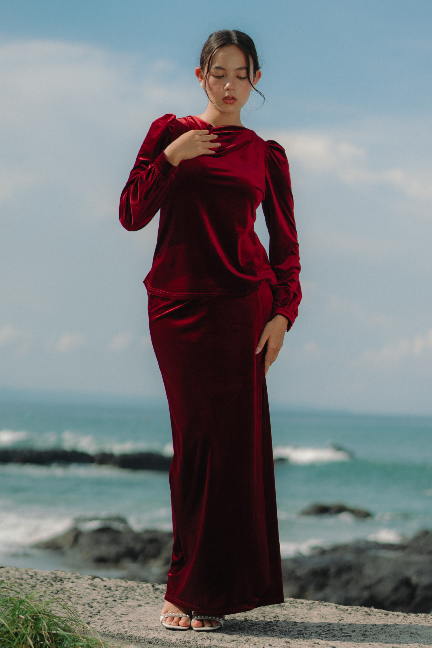 The Hailey Kurung in Wine Featherlight Velvet