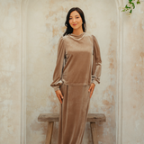 The Hailey Kurung in Camel Featherlight Velvet