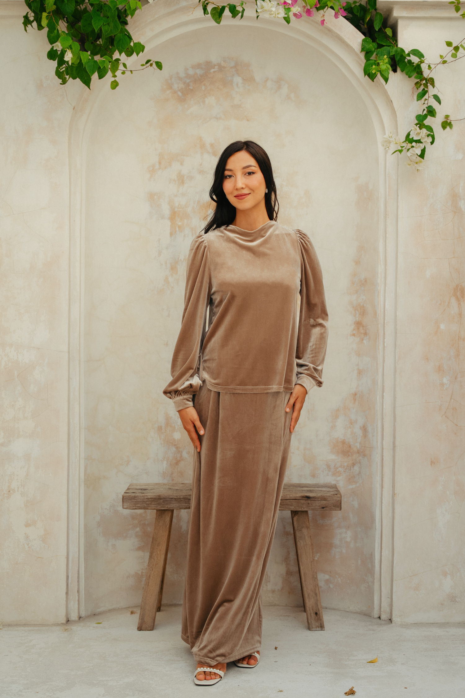 The Hailey Kurung in Camel Featherlight Velvet