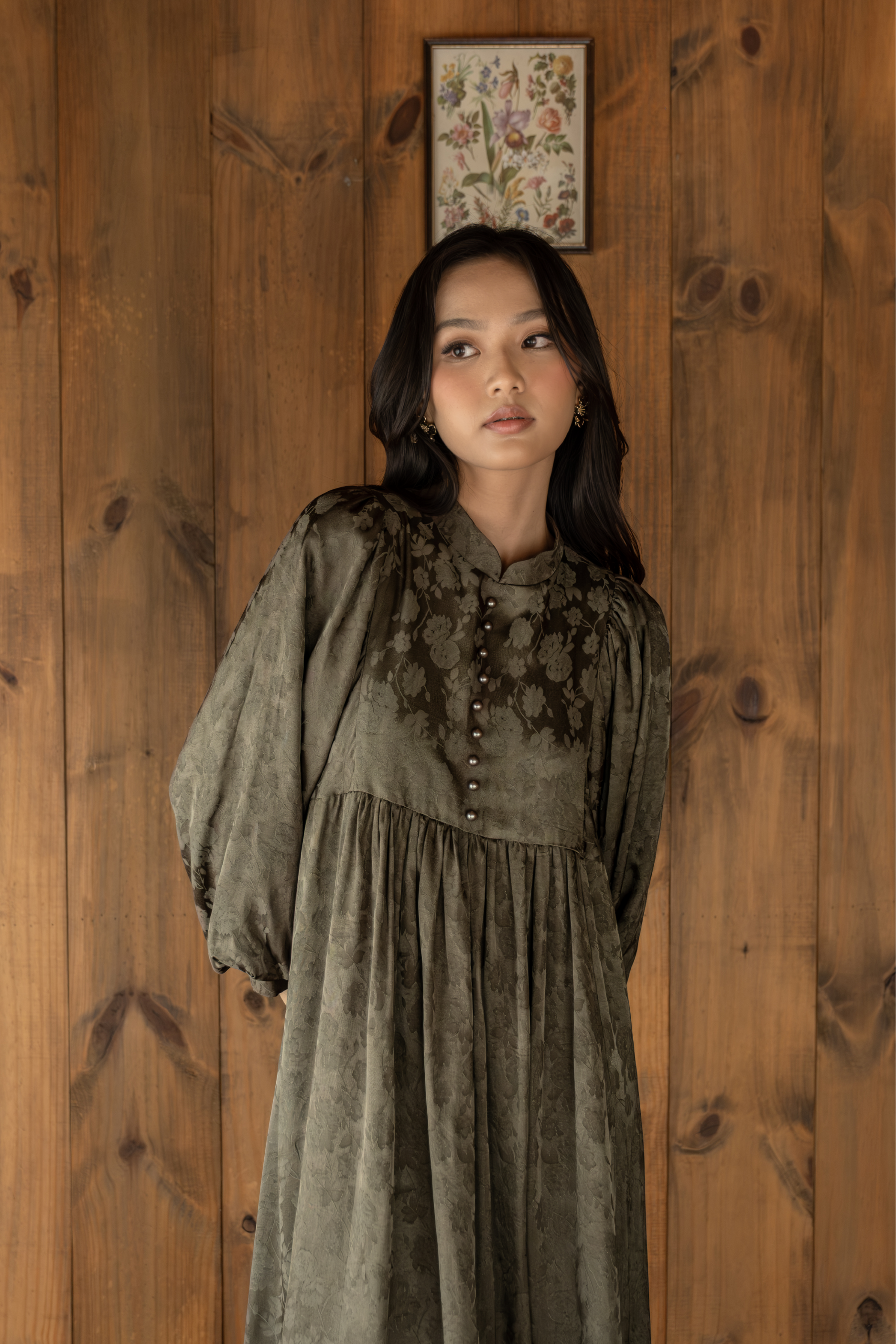 The Darcy Dress in Jacquard Olive