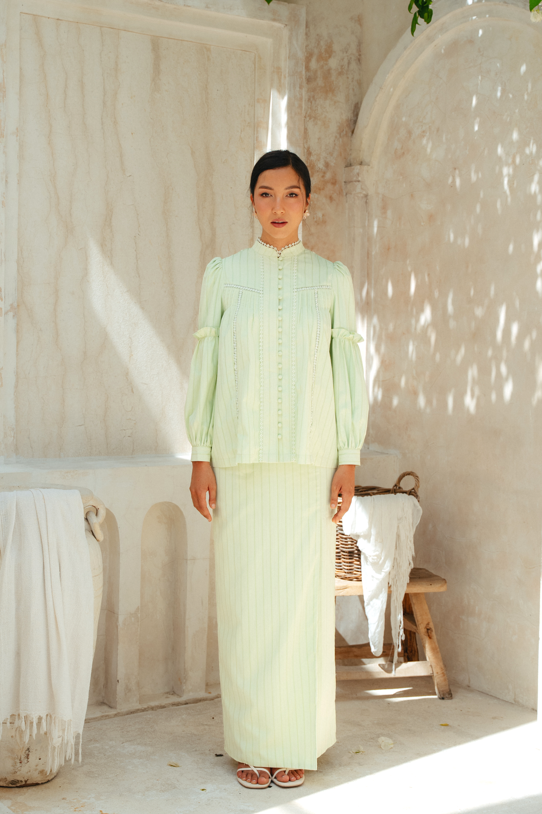 The Lorna Kurung in Apple Green Stripes