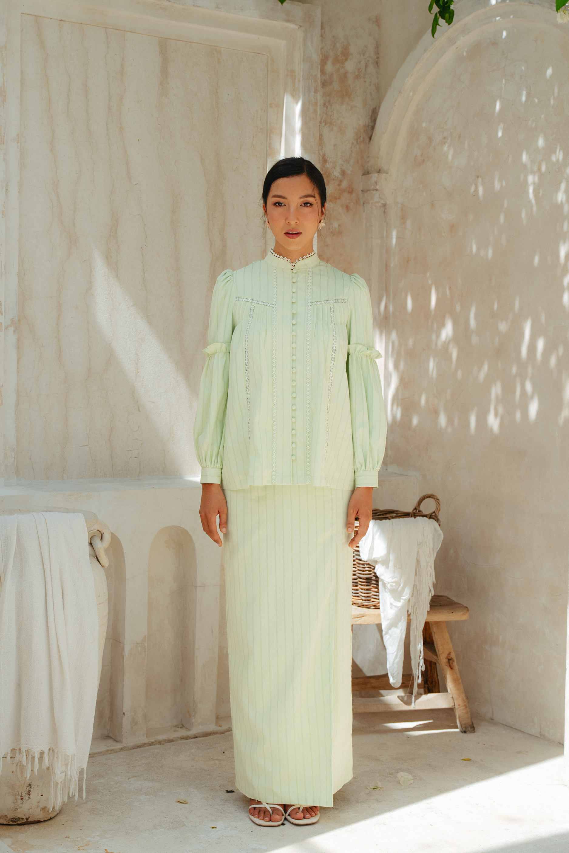 The Lorna Kurung in Apple Green Stripes