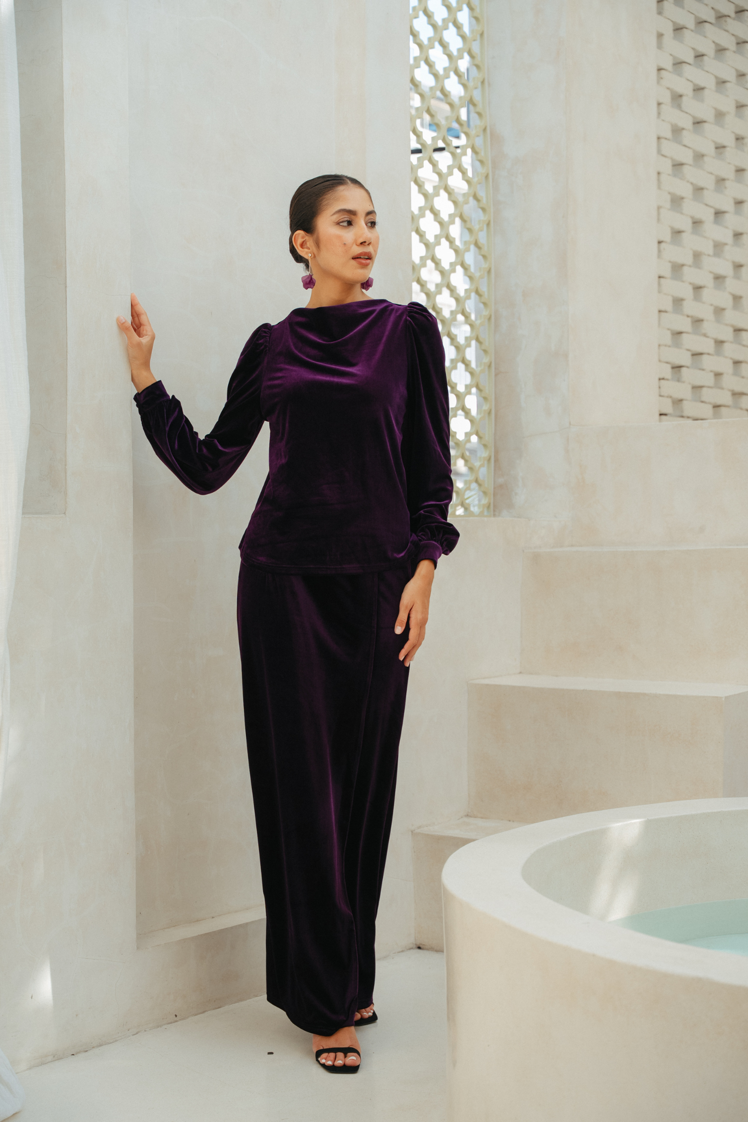 Puple Zora The Hailey Kurung in Deep Purple Featherlight Velvet – Zora Designers ...