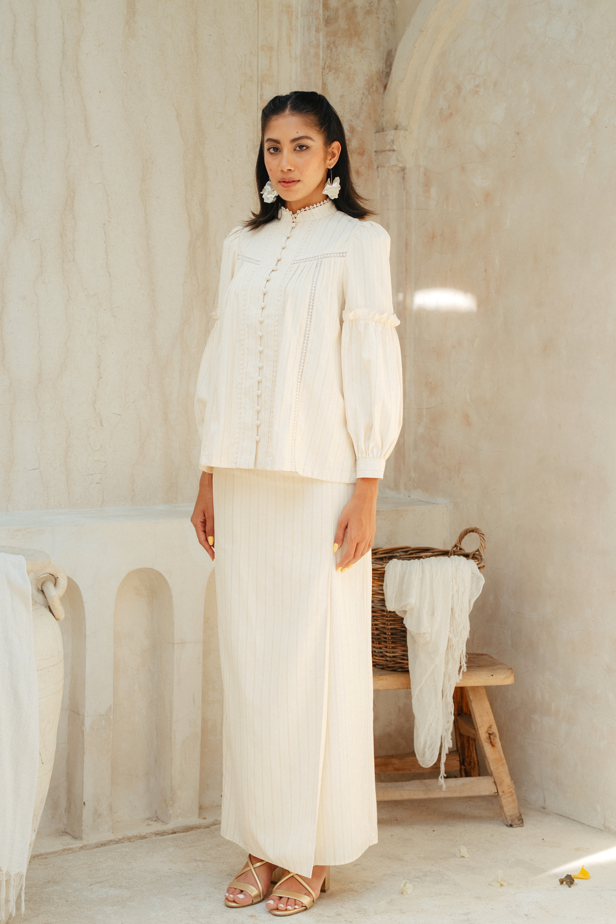 The Lorna Kurung in Alabaster Stripes