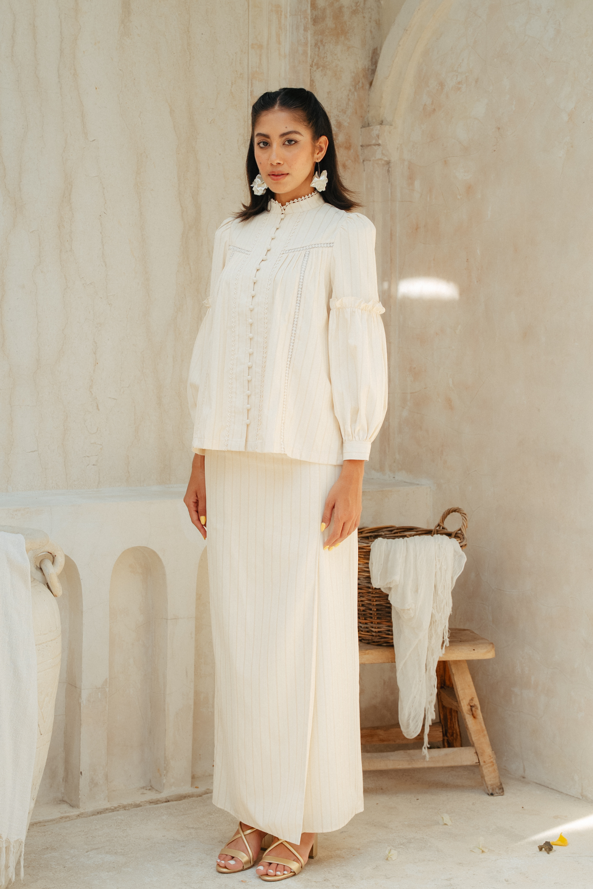The Lorna Kurung in Alabaster Stripes
