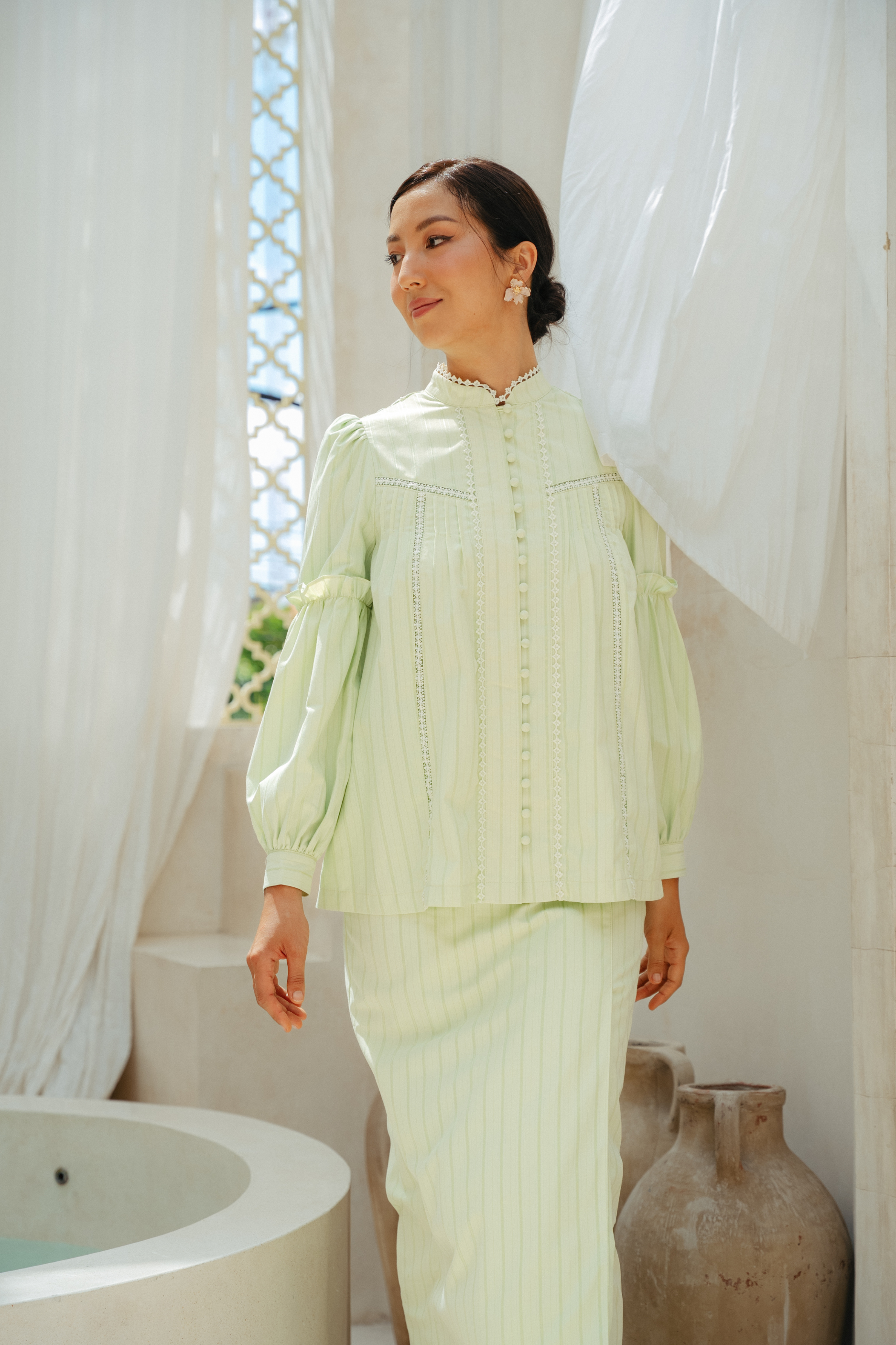 The Lorna Kurung in Apple Green Stripes