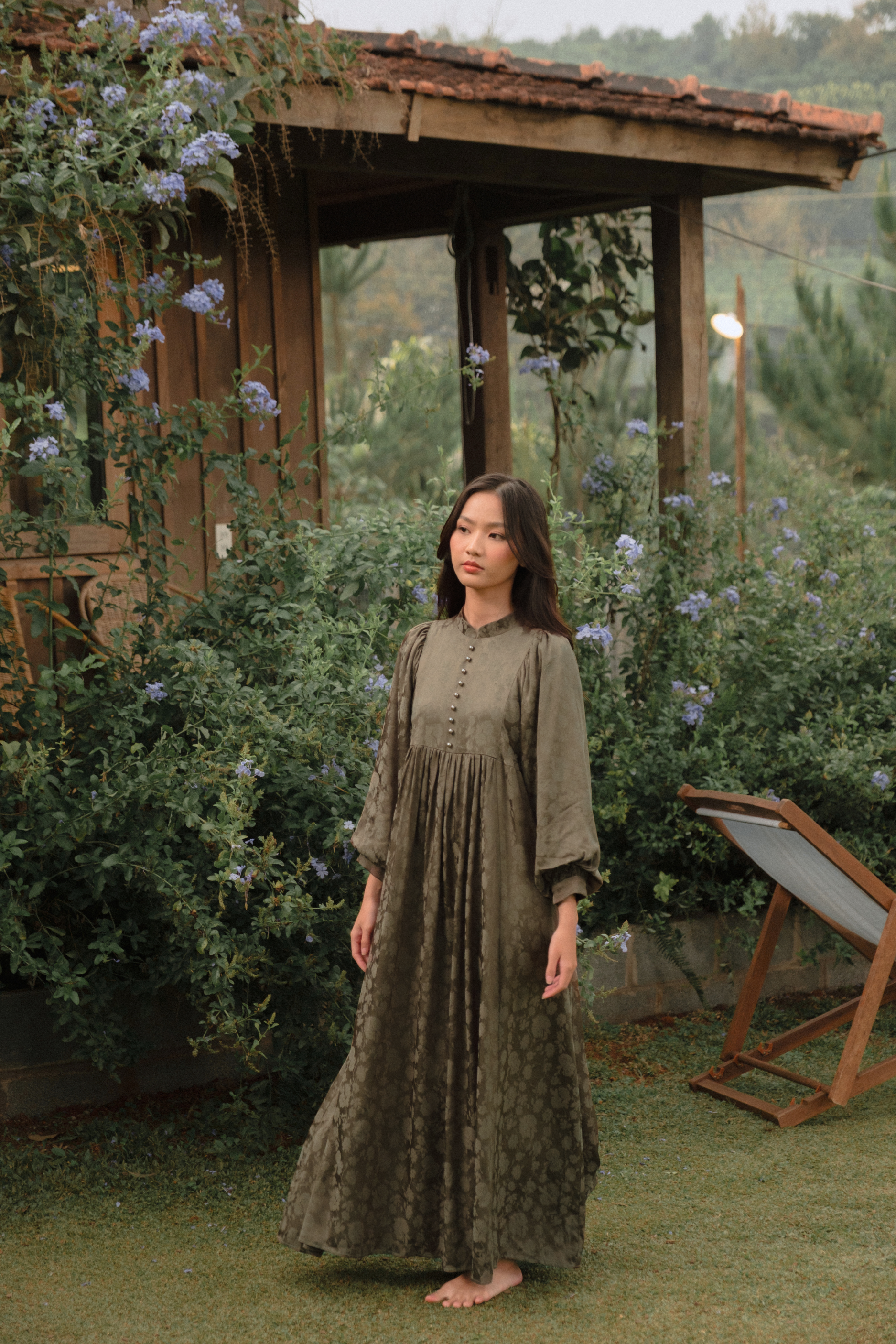 The Darcy Dress in Jacquard Olive
