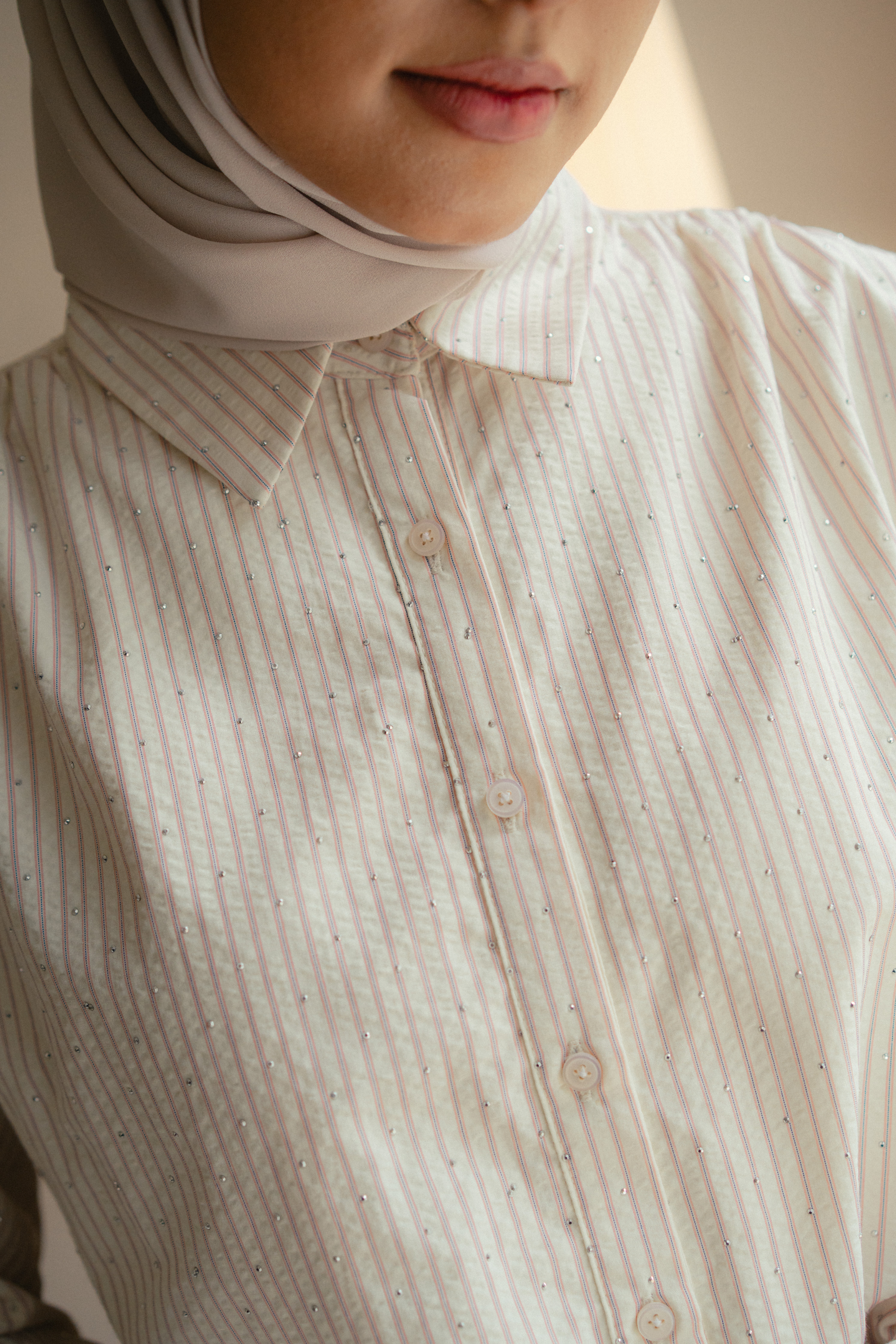 The Joan Shirt In Pink Stripes And Rhinestone