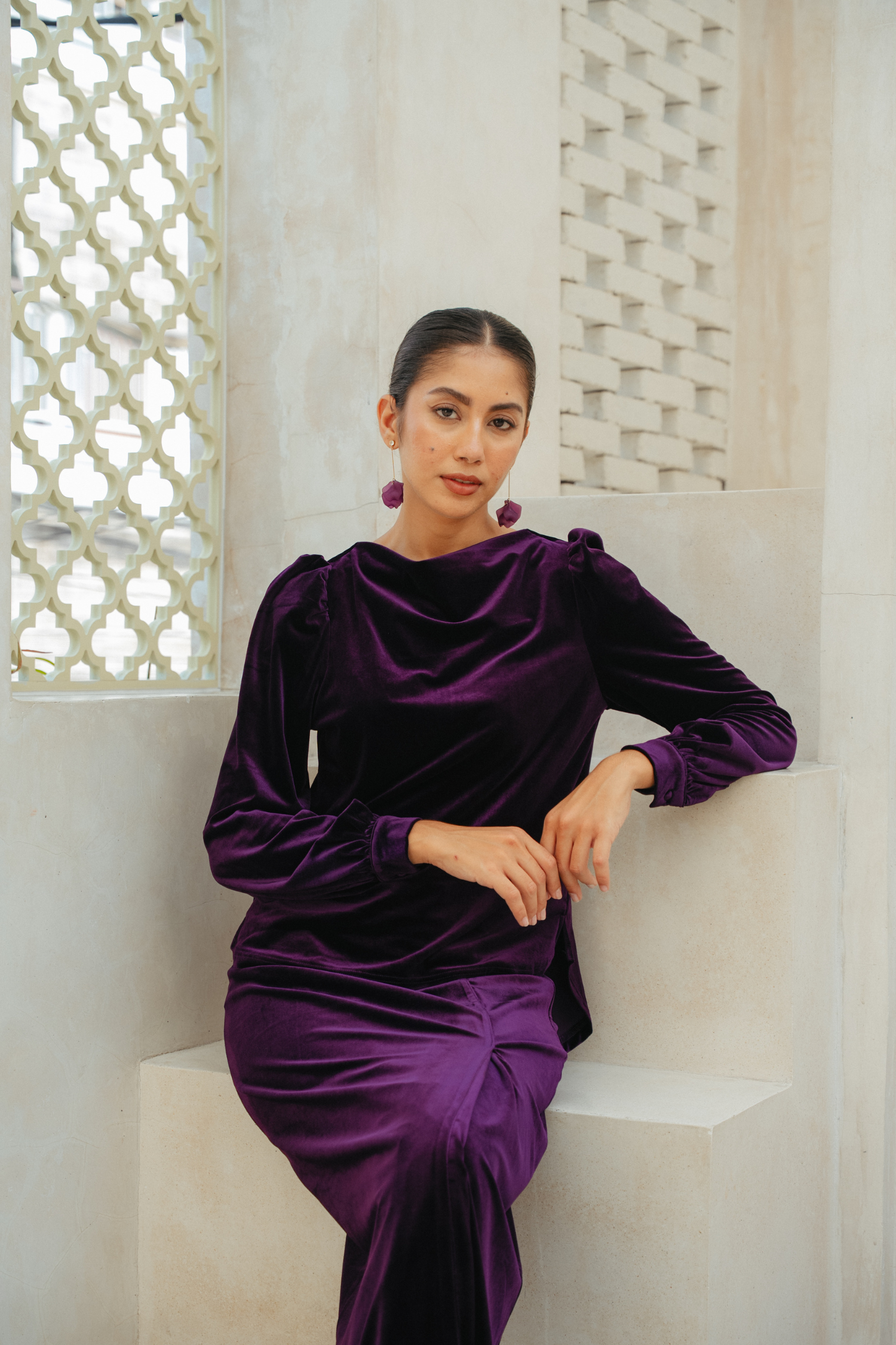 The Hailey Kurung in Deep Purple Featherlight Velvet
