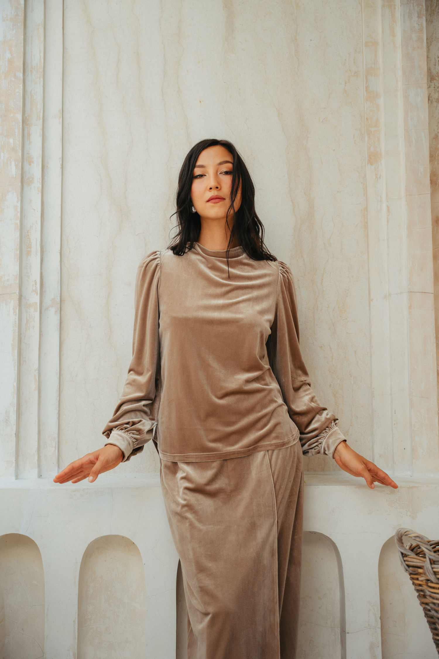 The Hailey Kurung in Camel Featherlight Velvet