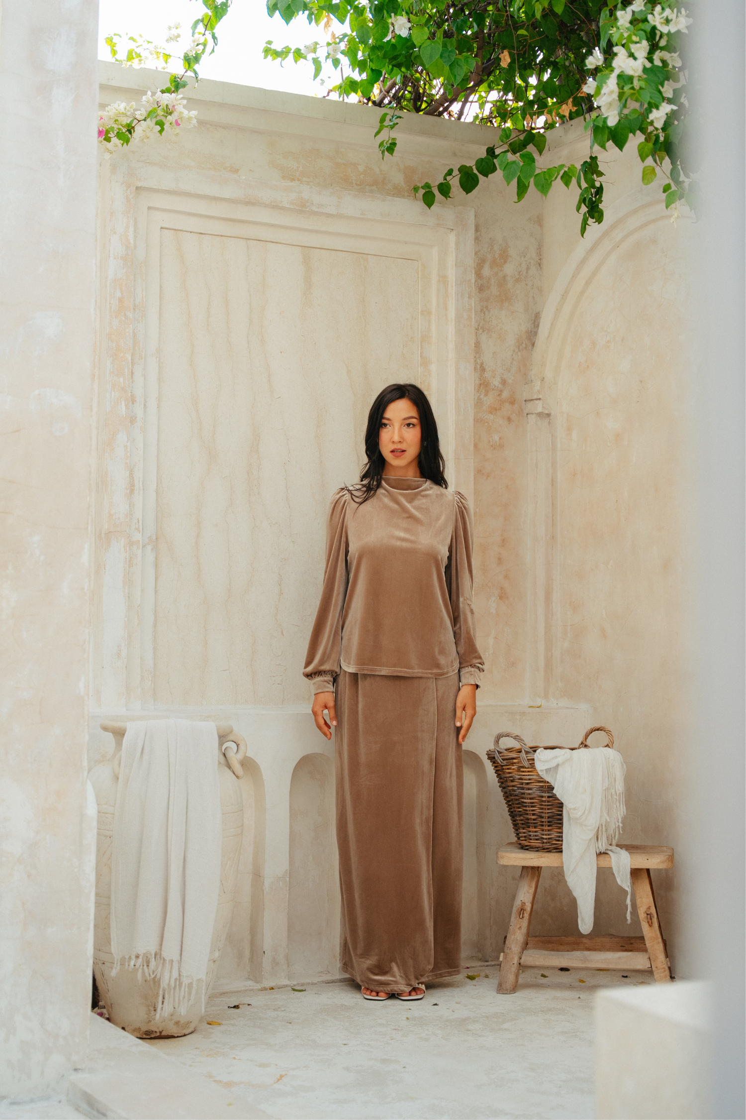 The Hailey Kurung in Camel Featherlight Velvet