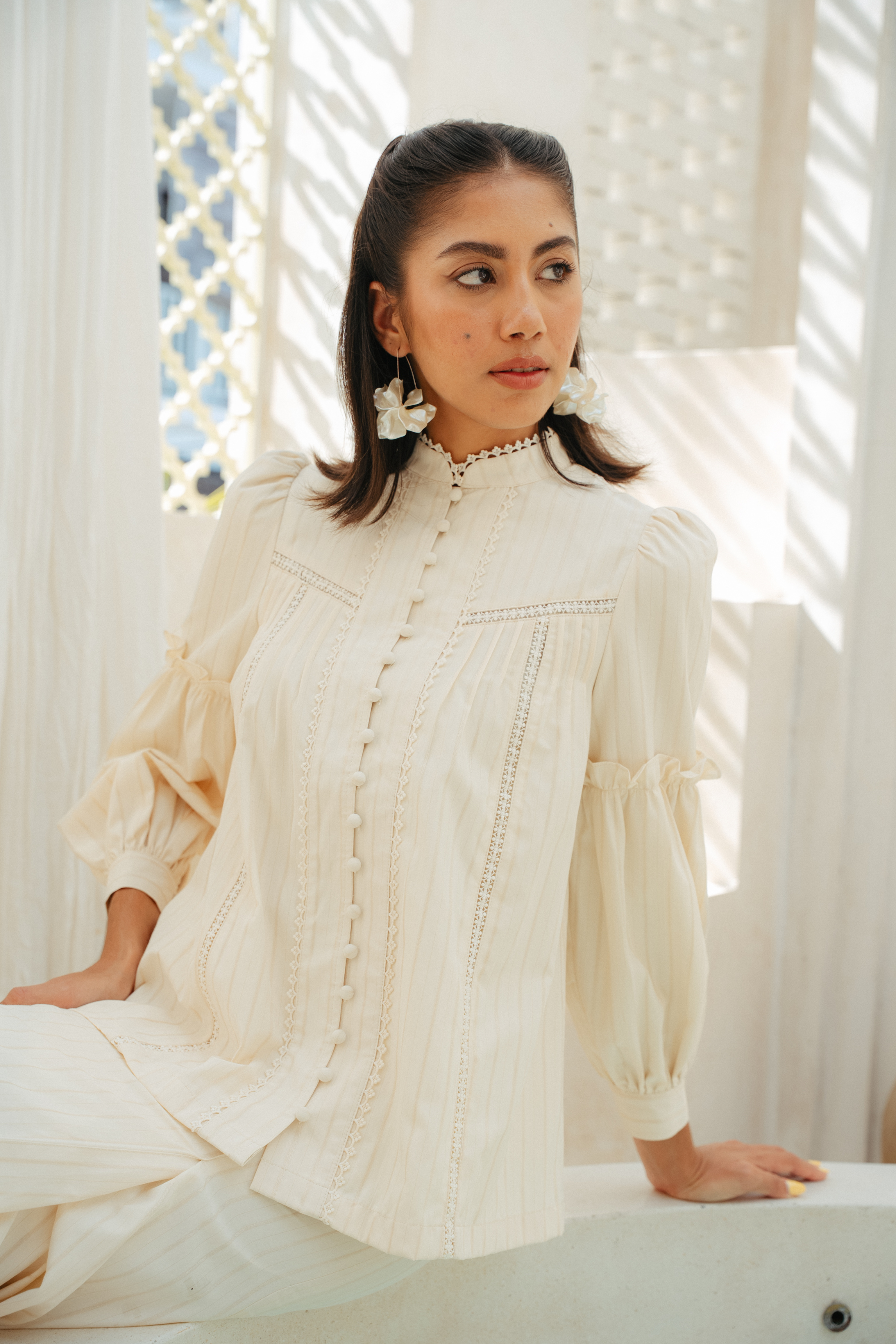 The Lorna Kurung in Alabaster Stripes