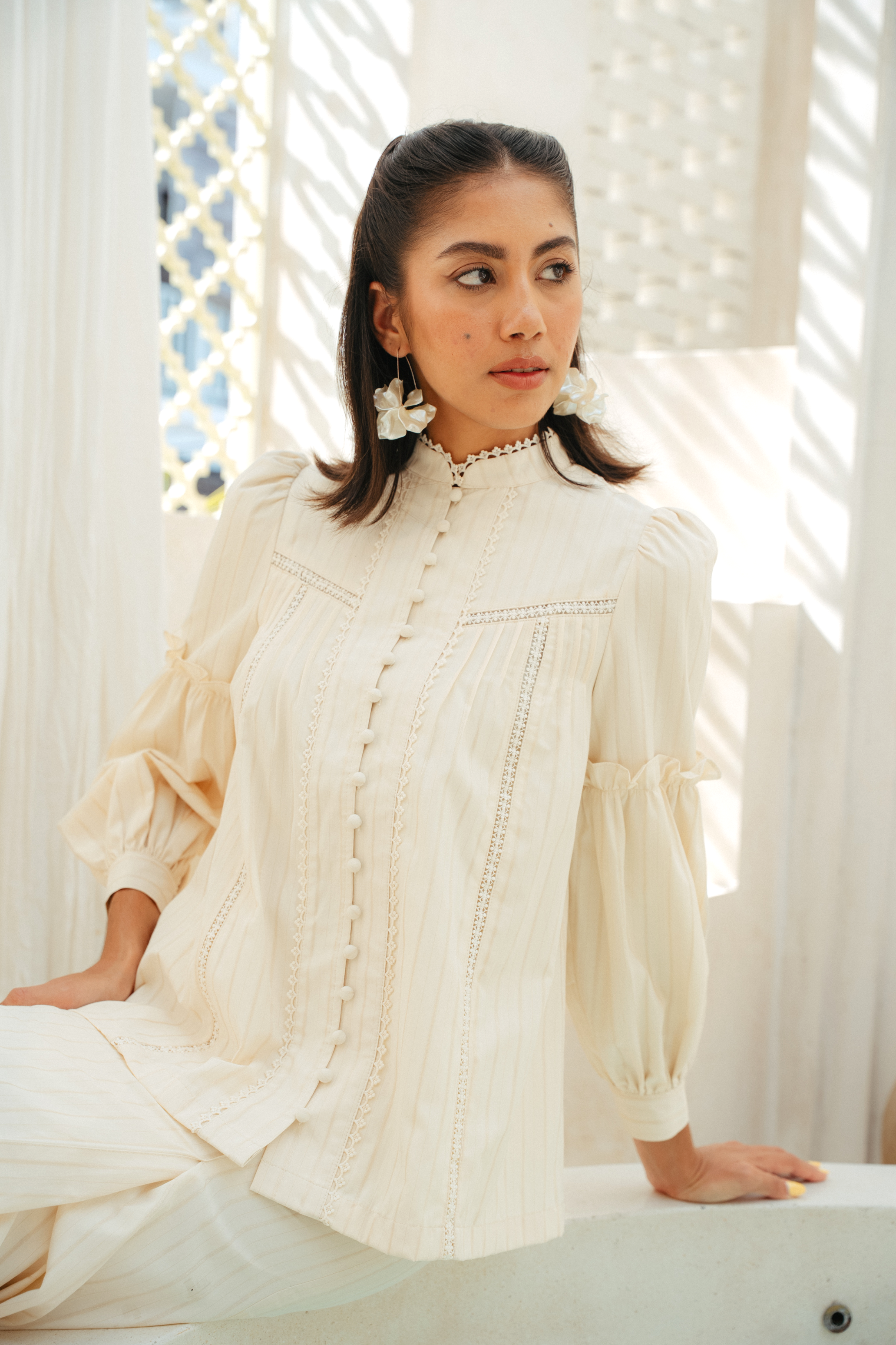 The Lorna Kurung in Alabaster Stripes