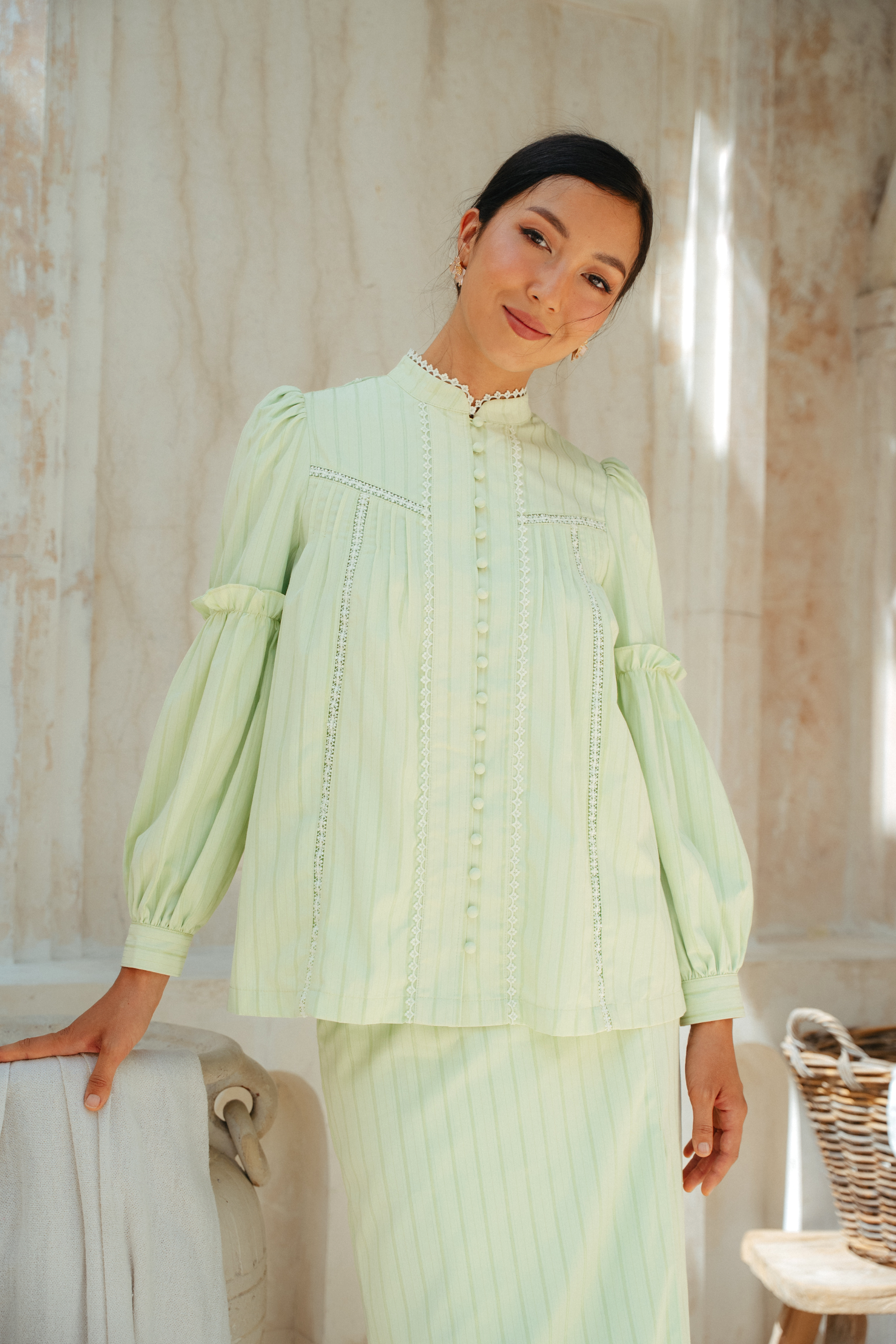 The Lorna Kurung in Apple Green Stripes