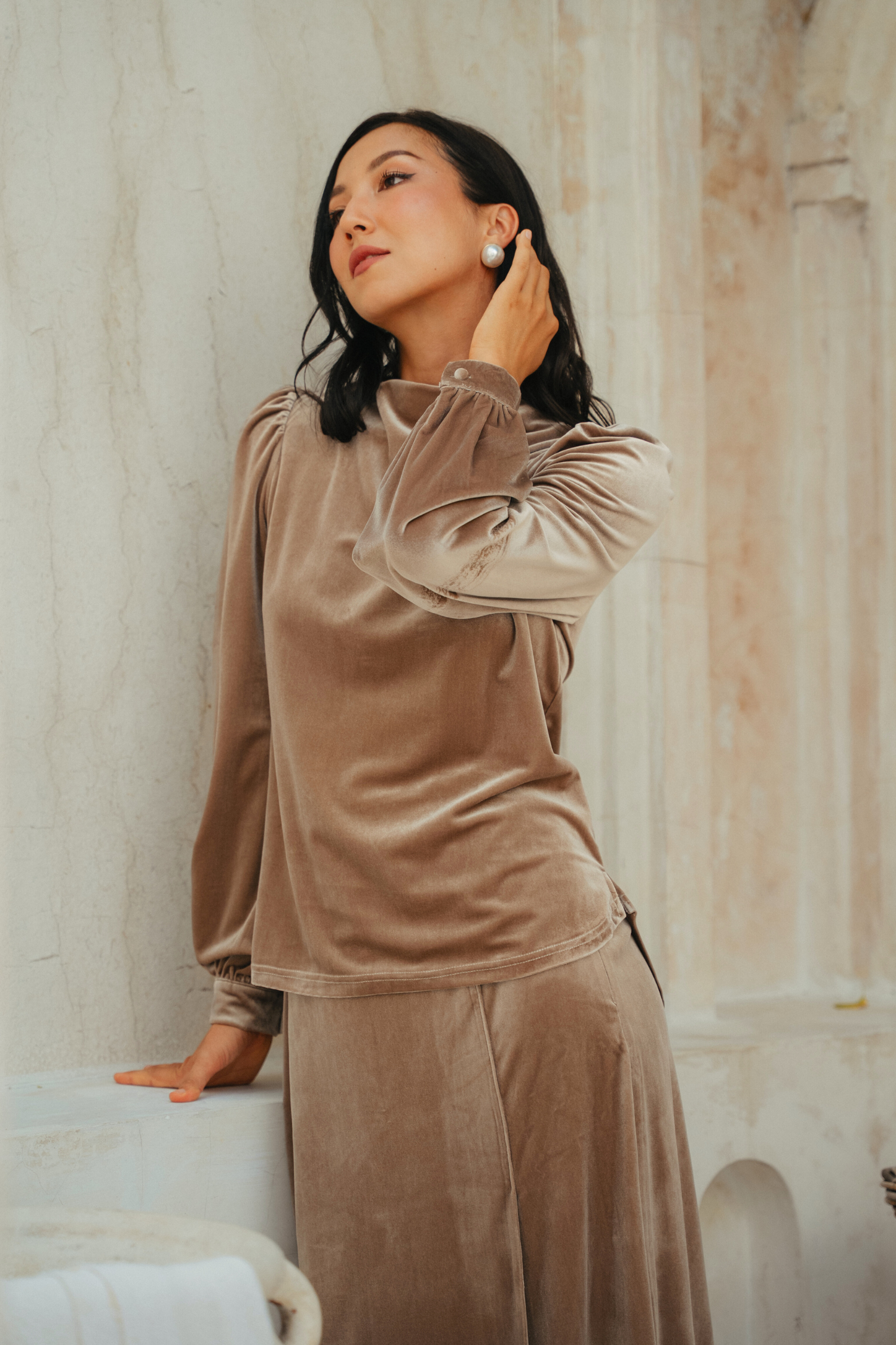 The Hailey Kurung in Camel Featherlight Velvet