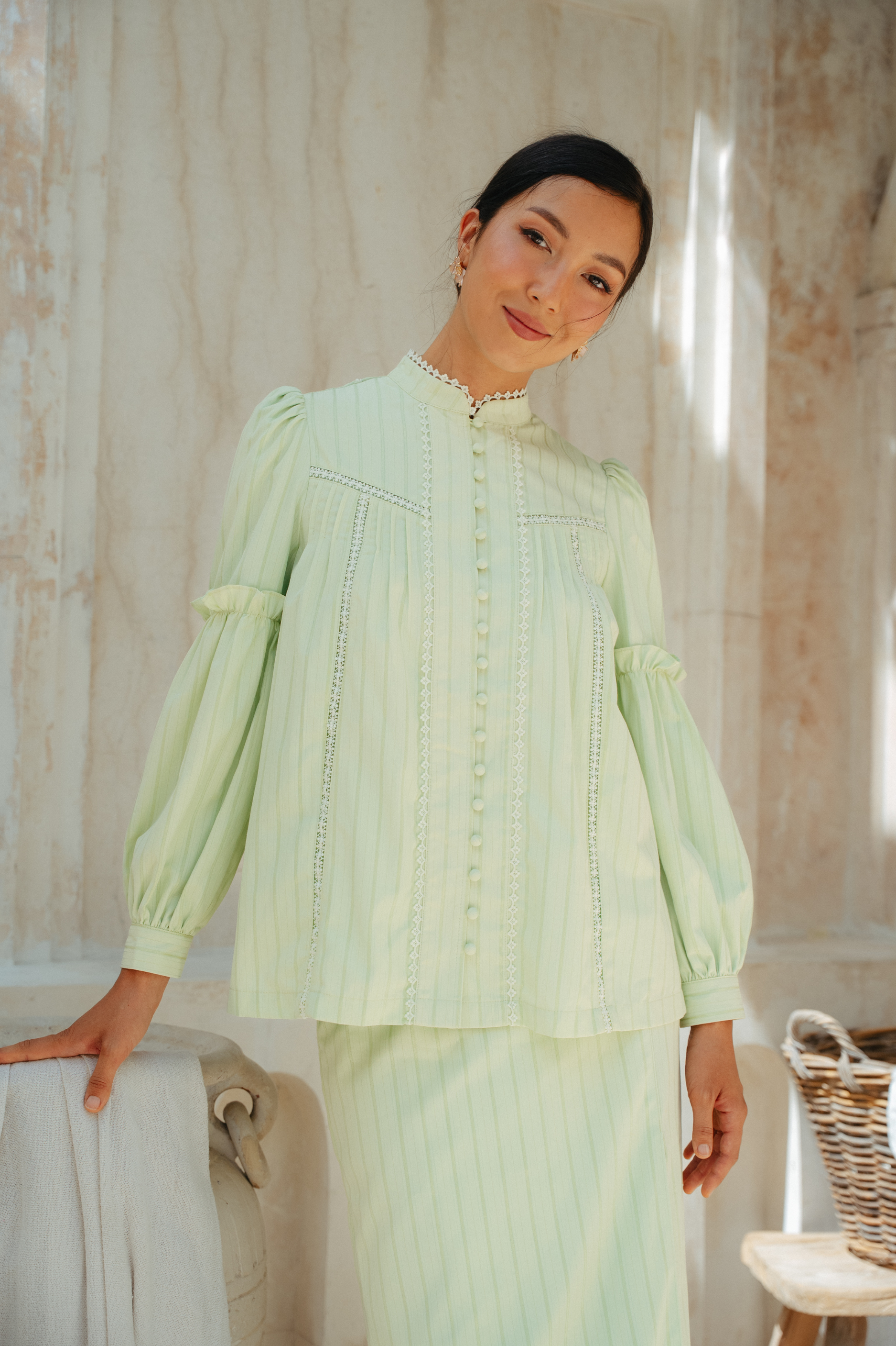 The Lorna Kurung in Apple Green Stripes