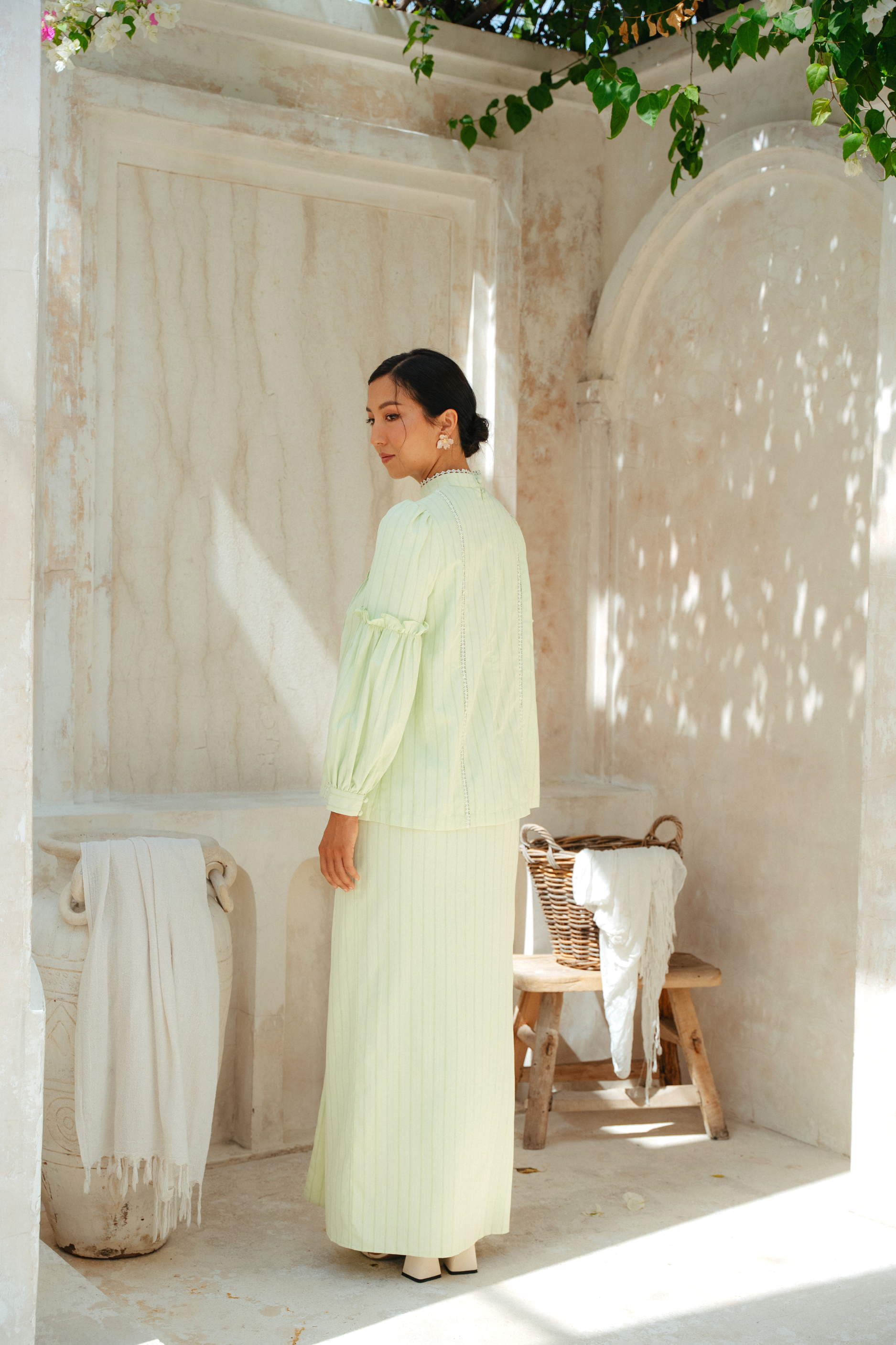 The Lorna Kurung in Apple Green Stripes