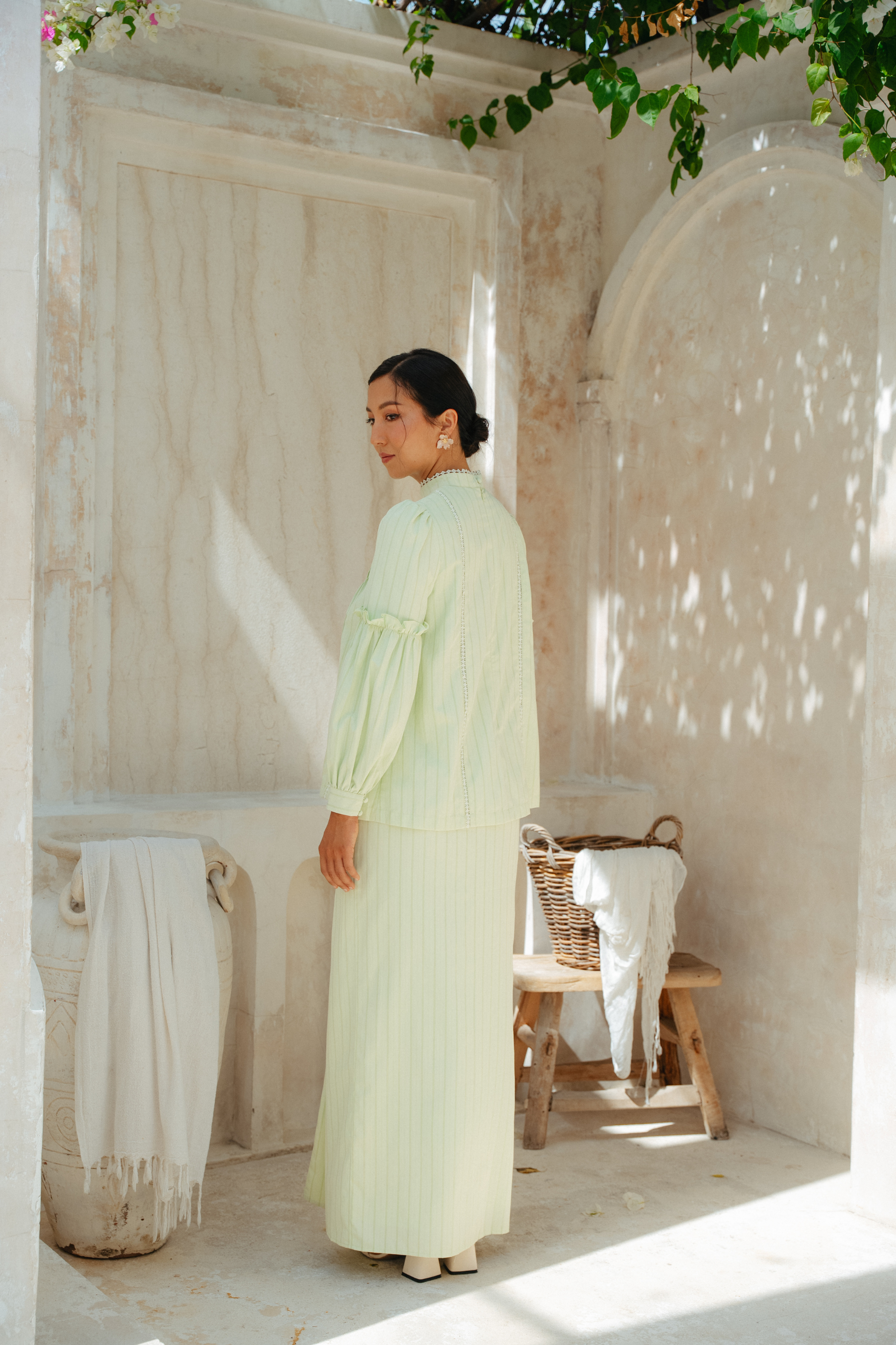 The Lorna Kurung in Apple Green Stripes