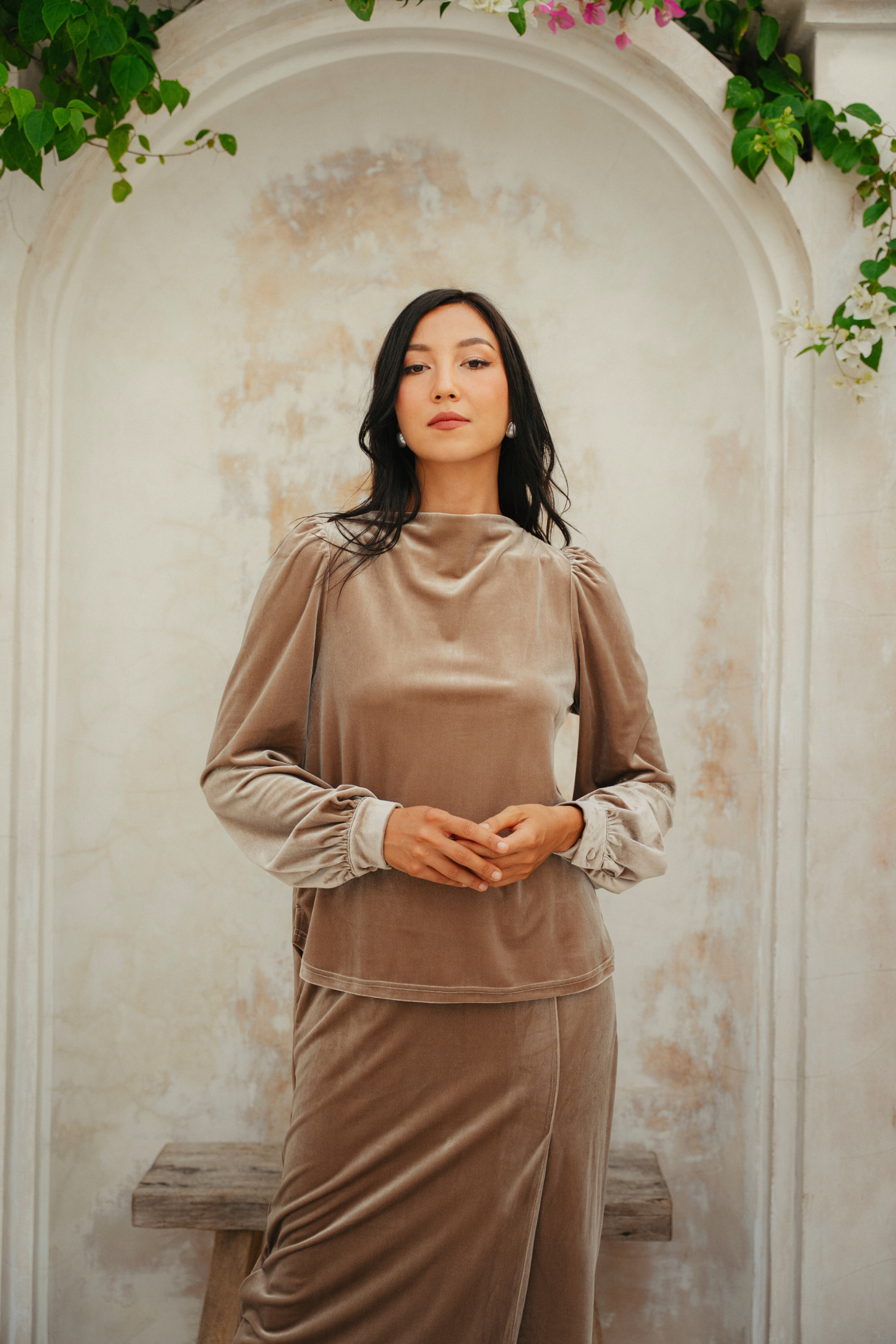 The Hailey Kurung in Camel Featherlight Velvet