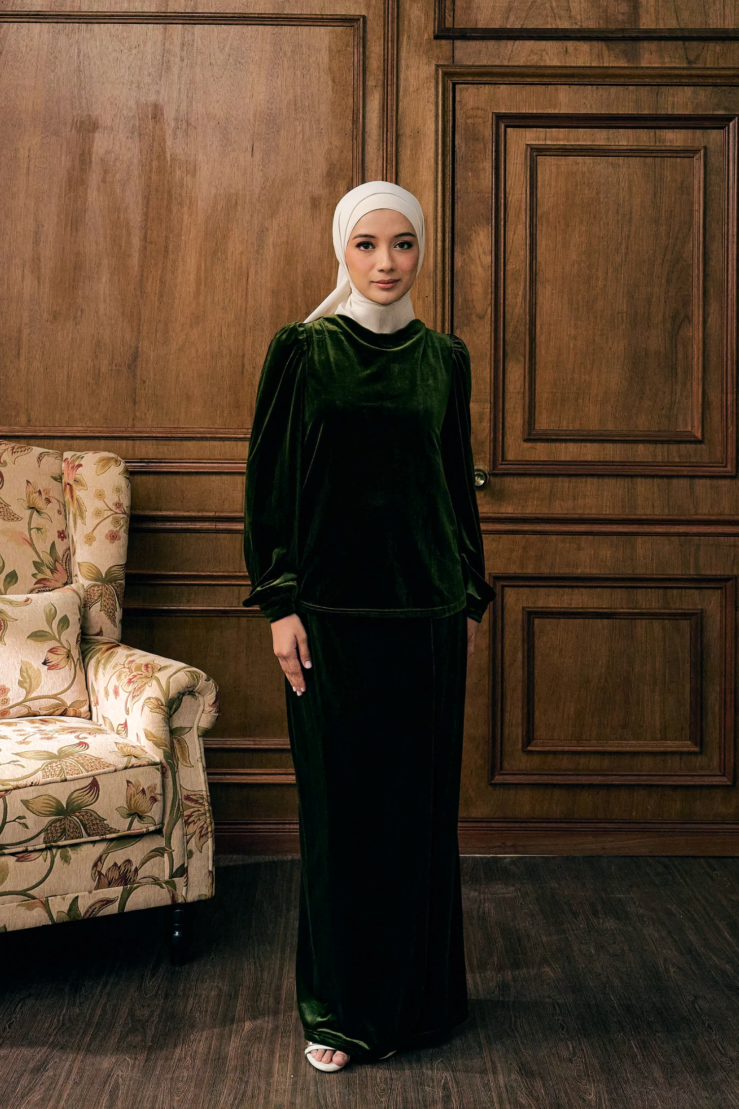 The Hailey Kurung in Olive Featherlight Velvet