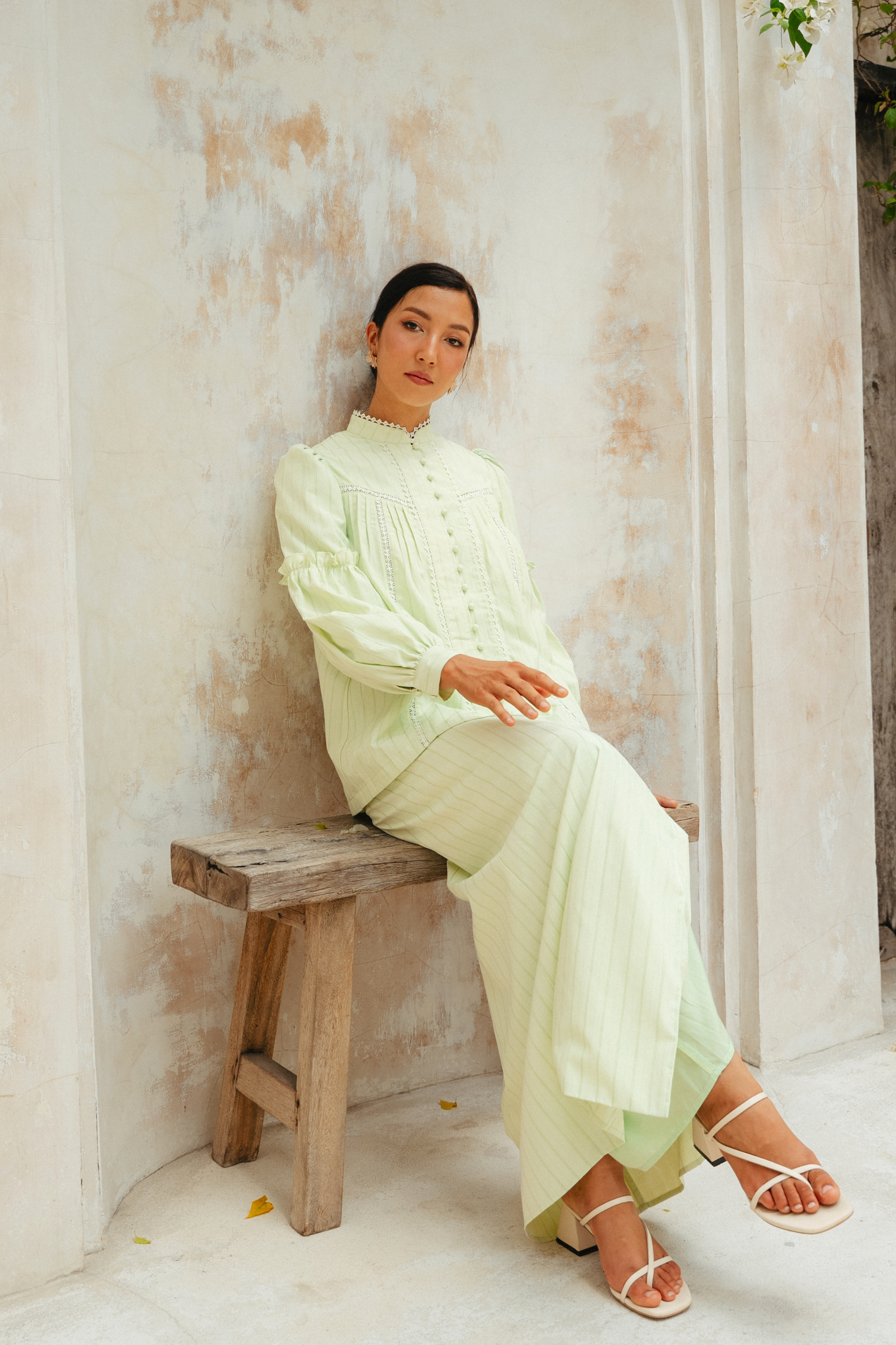 The Lorna Kurung in Apple Green Stripes