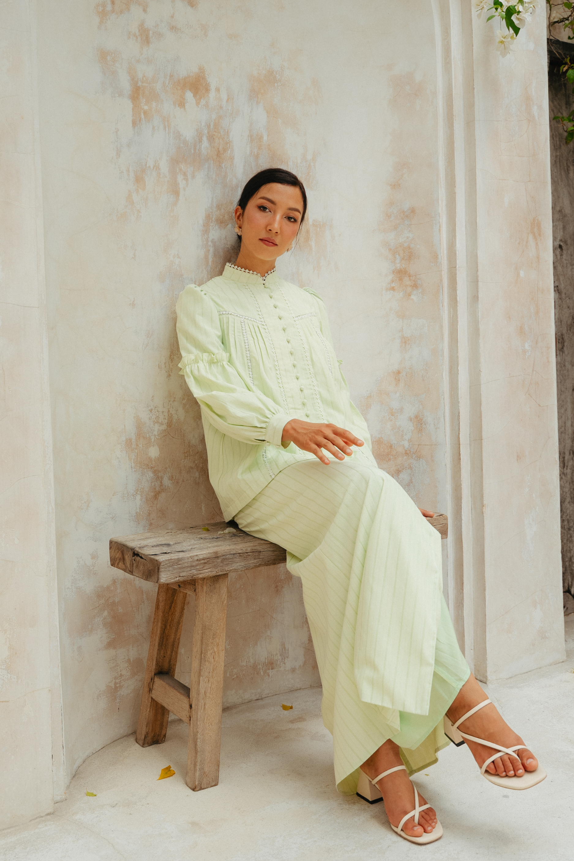 The Lorna Kurung in Apple Green Stripes