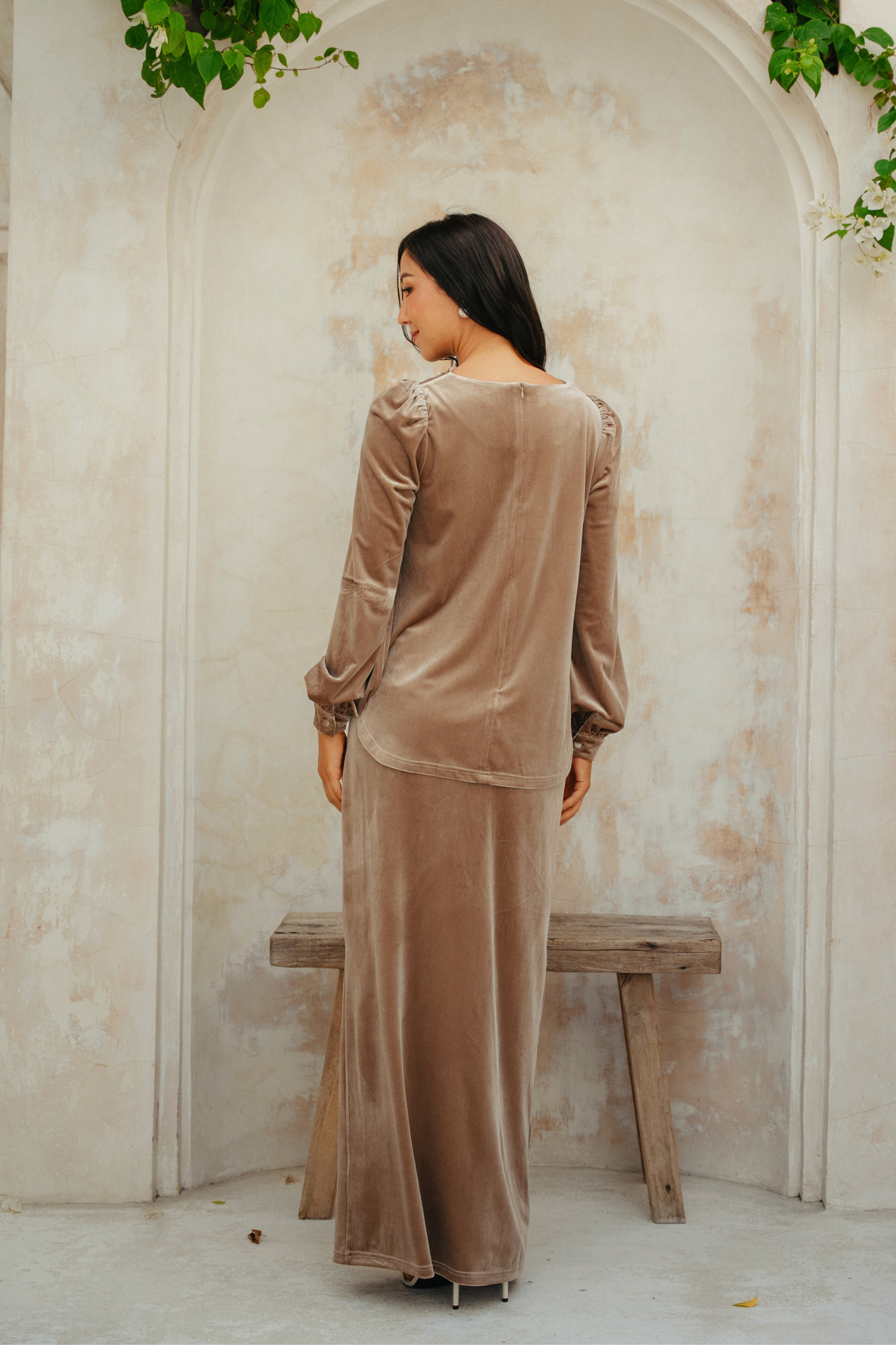 The Hailey Kurung in Camel Featherlight Velvet