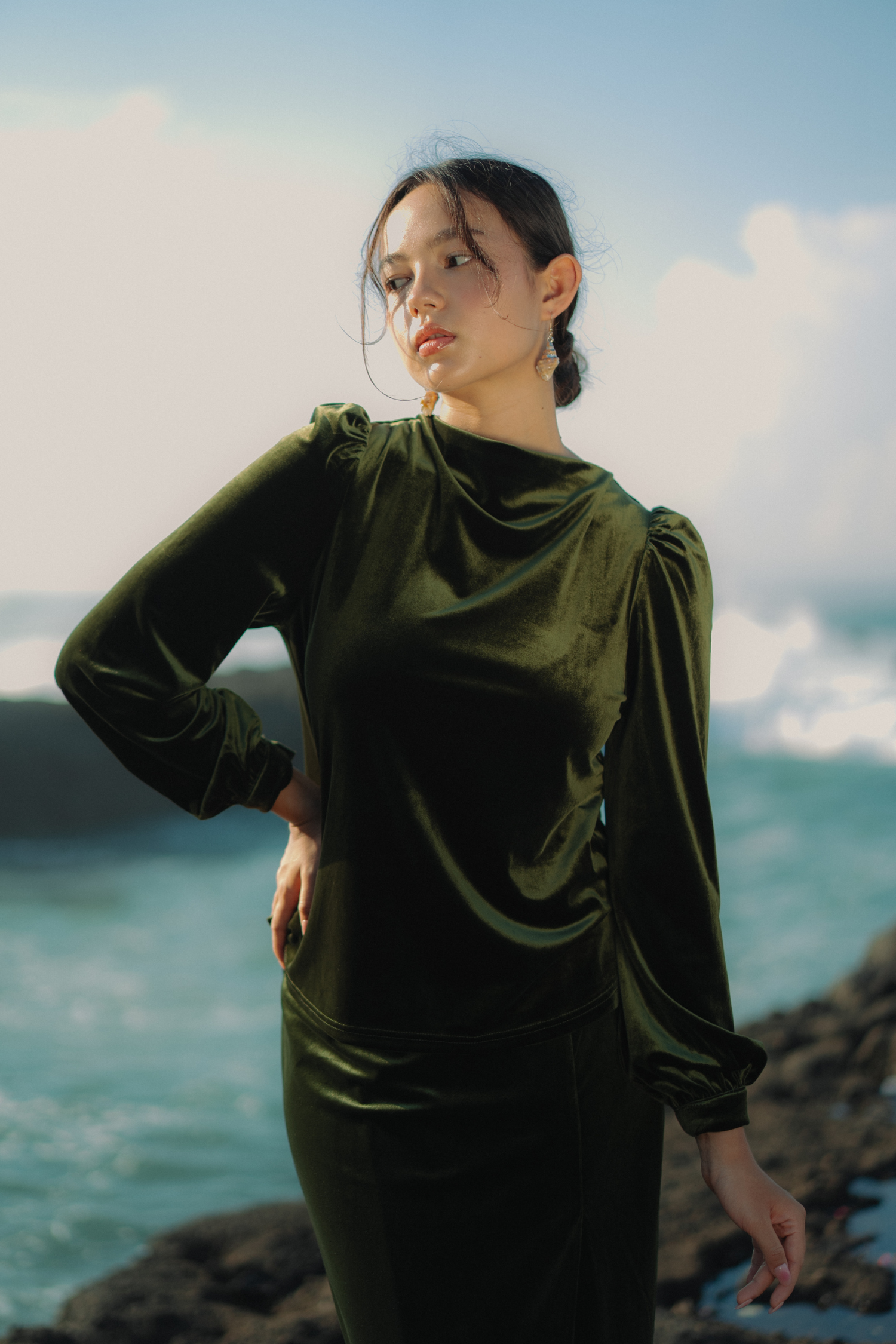 The Hailey Kurung in Olive Featherlight Velvet