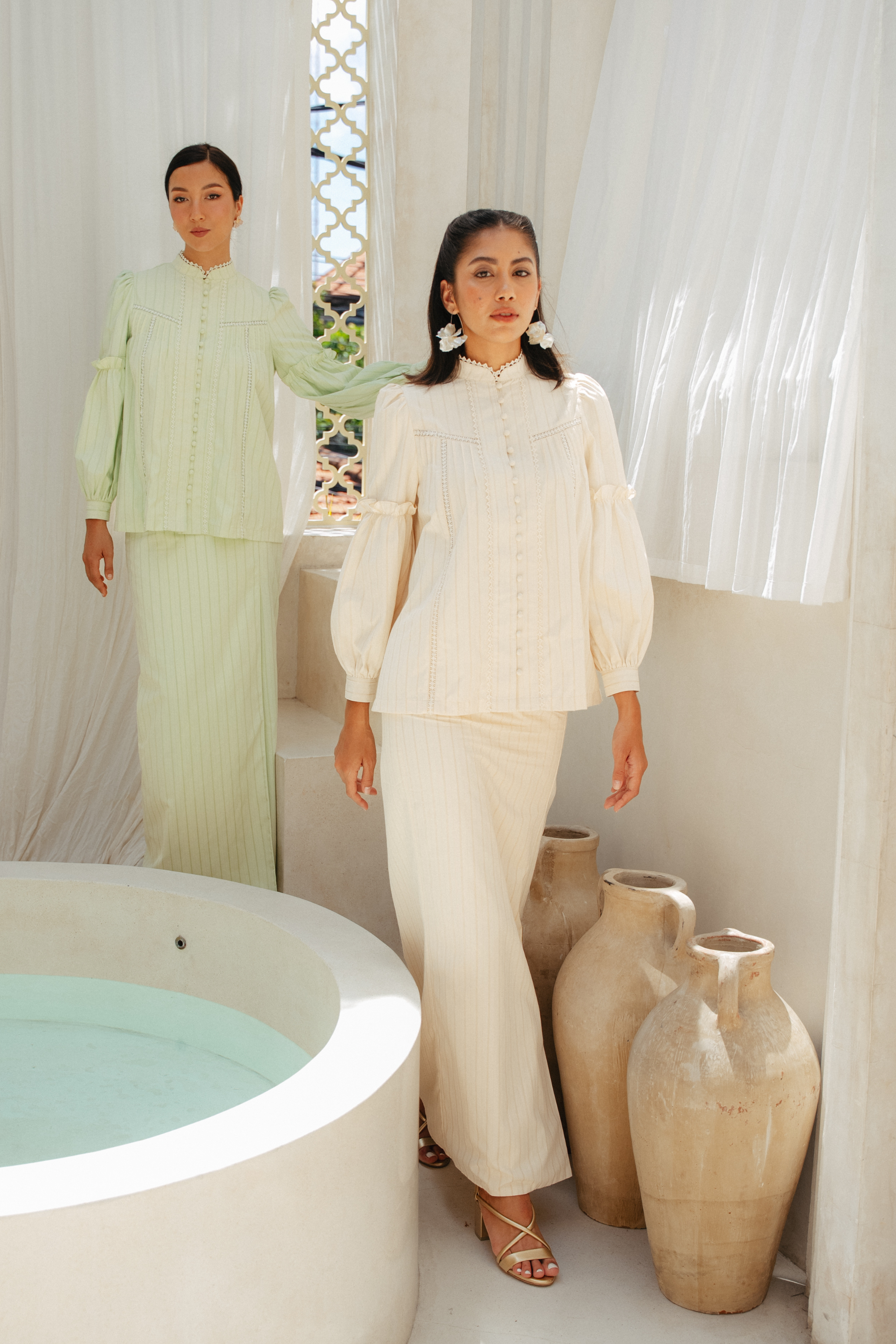 The Lorna Kurung in Alabaster Stripes