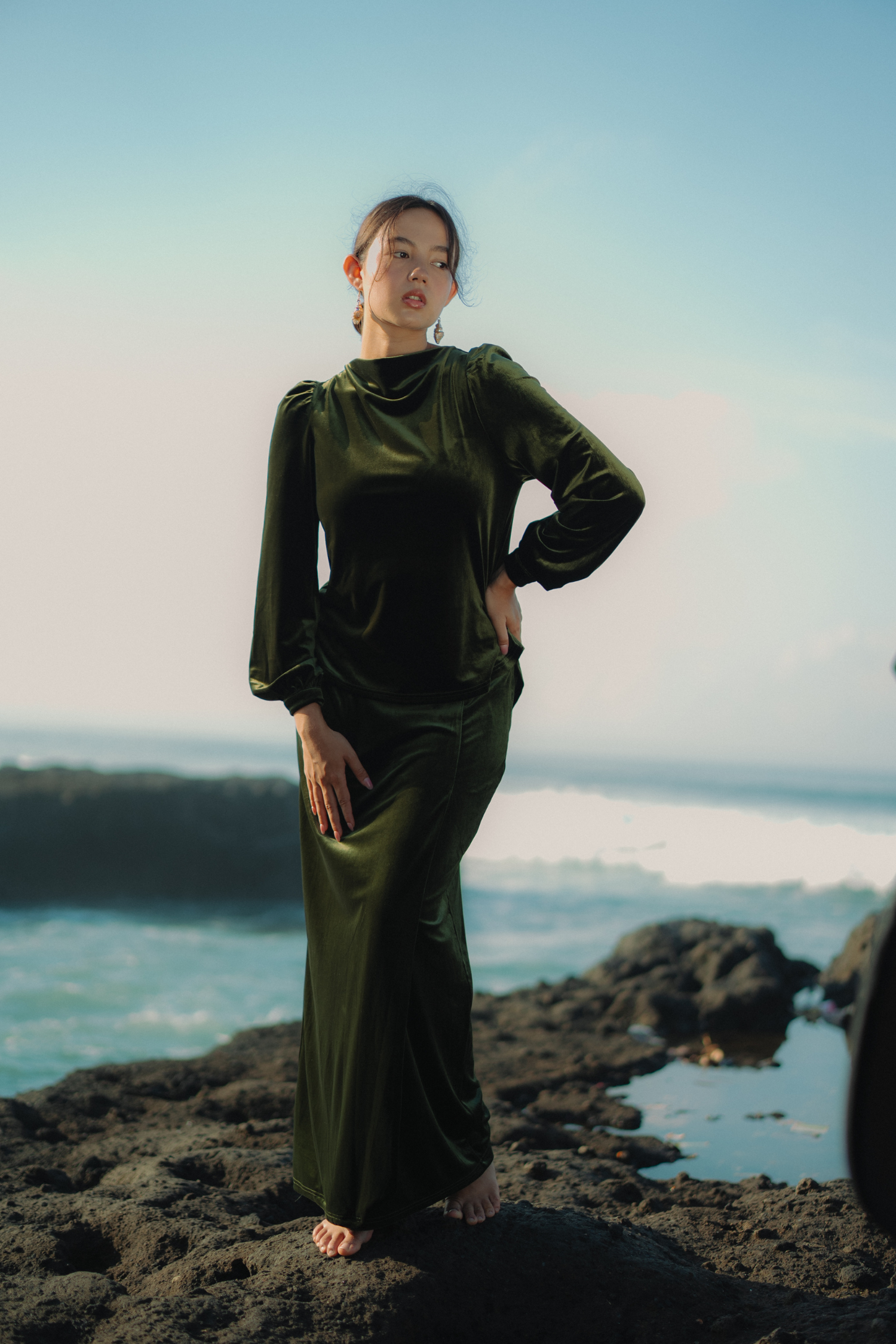 The Hailey Kurung in Olive Featherlight Velvet