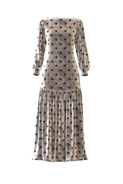 AUDREY DRESS CUSTOMISABLE SILHOUETTE rendered in decadent drapey polka dot