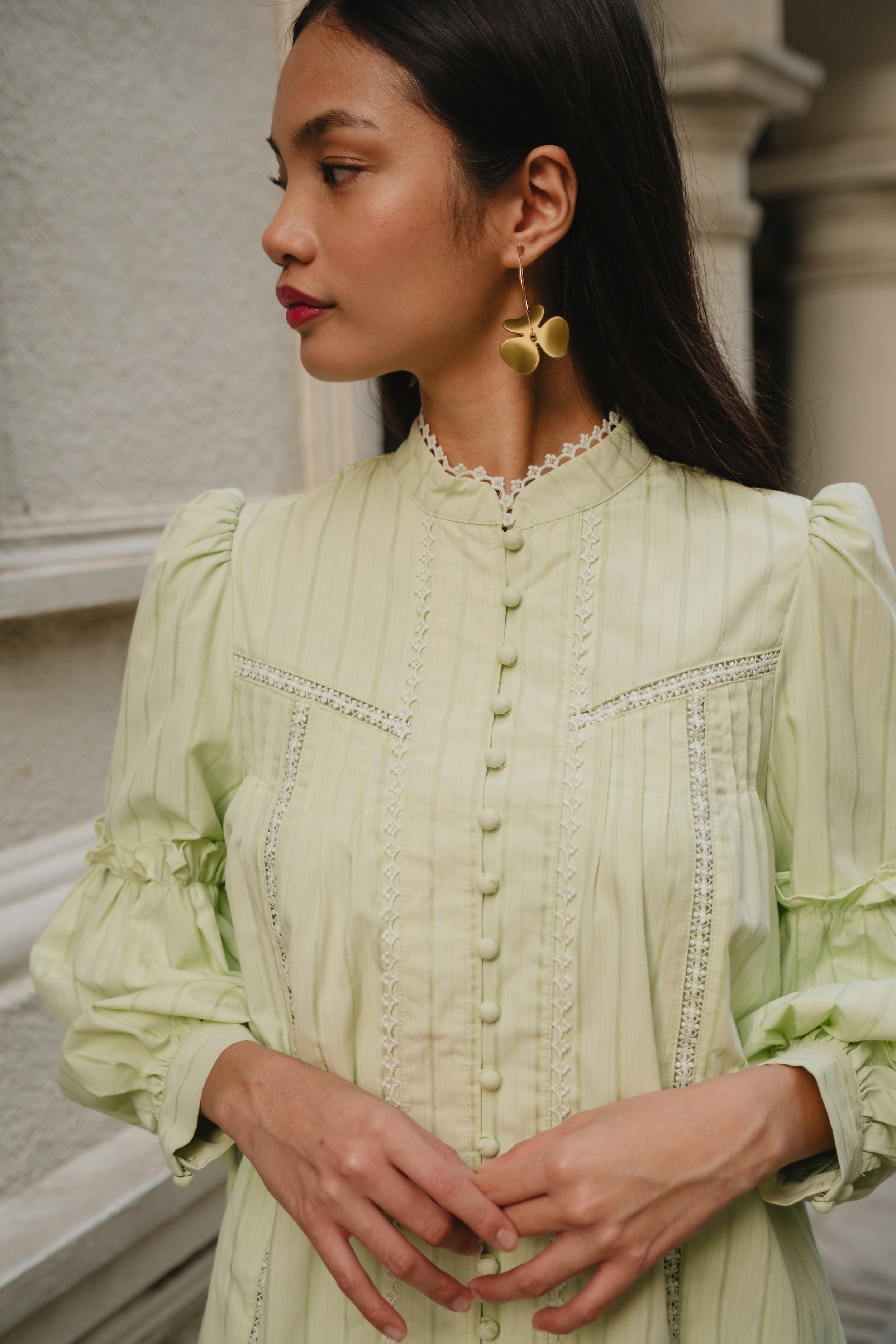The Lorna Kurung in Apple Green Stripes