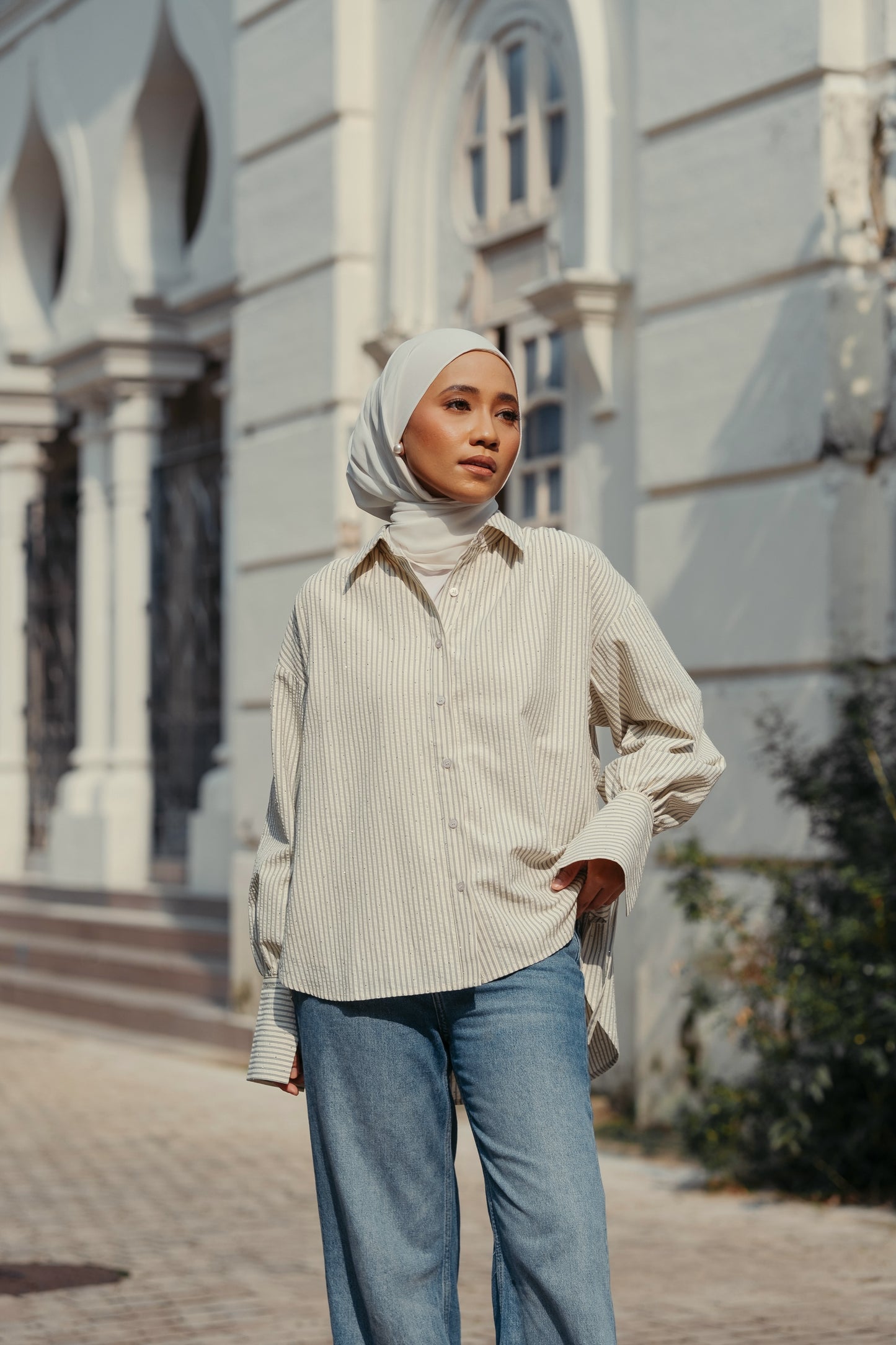 THE JOAN STUDDED OVERSIZED SHIRT IN BLUE STRIPES