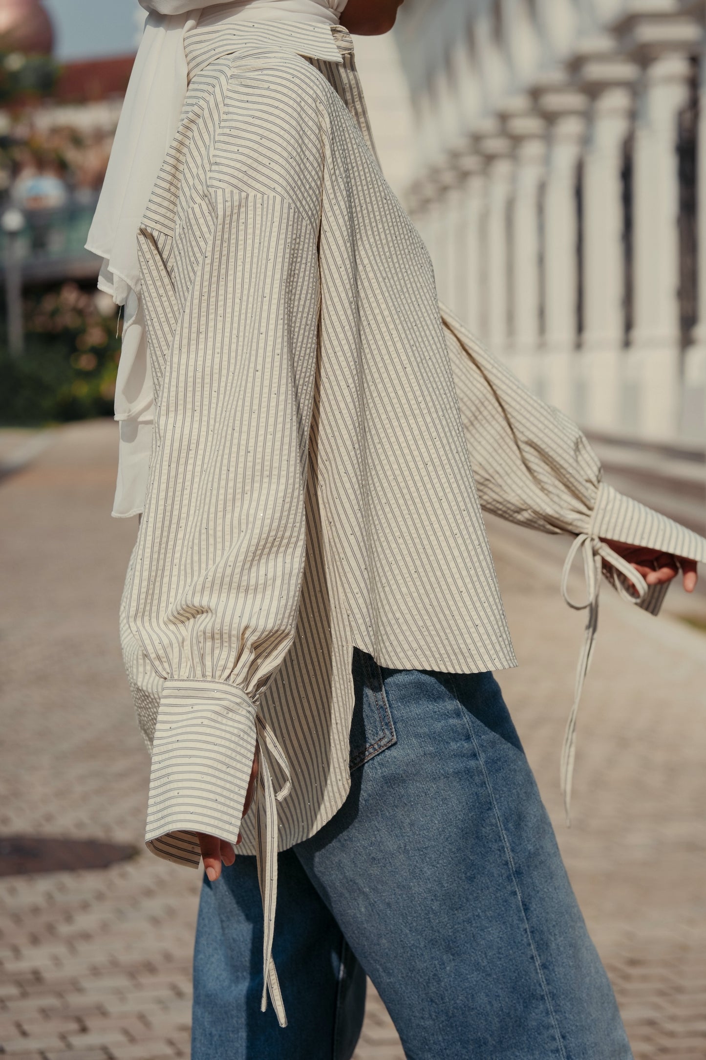 THE JOAN STUDDED OVERSIZED SHIRT IN BLUE STRIPES