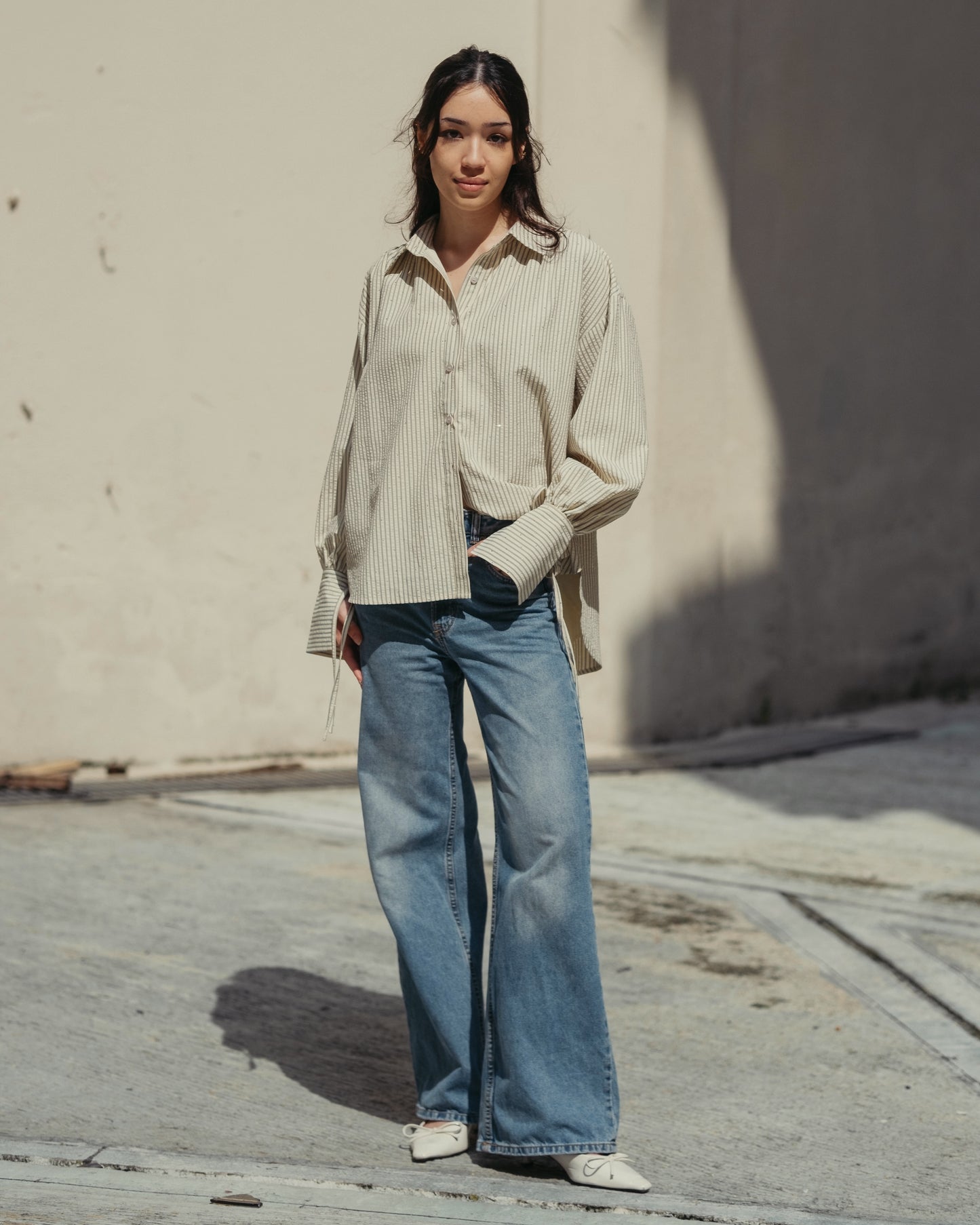 THE JOAN STUDDED OVERSIZED SHIRT IN BLUE STRIPES