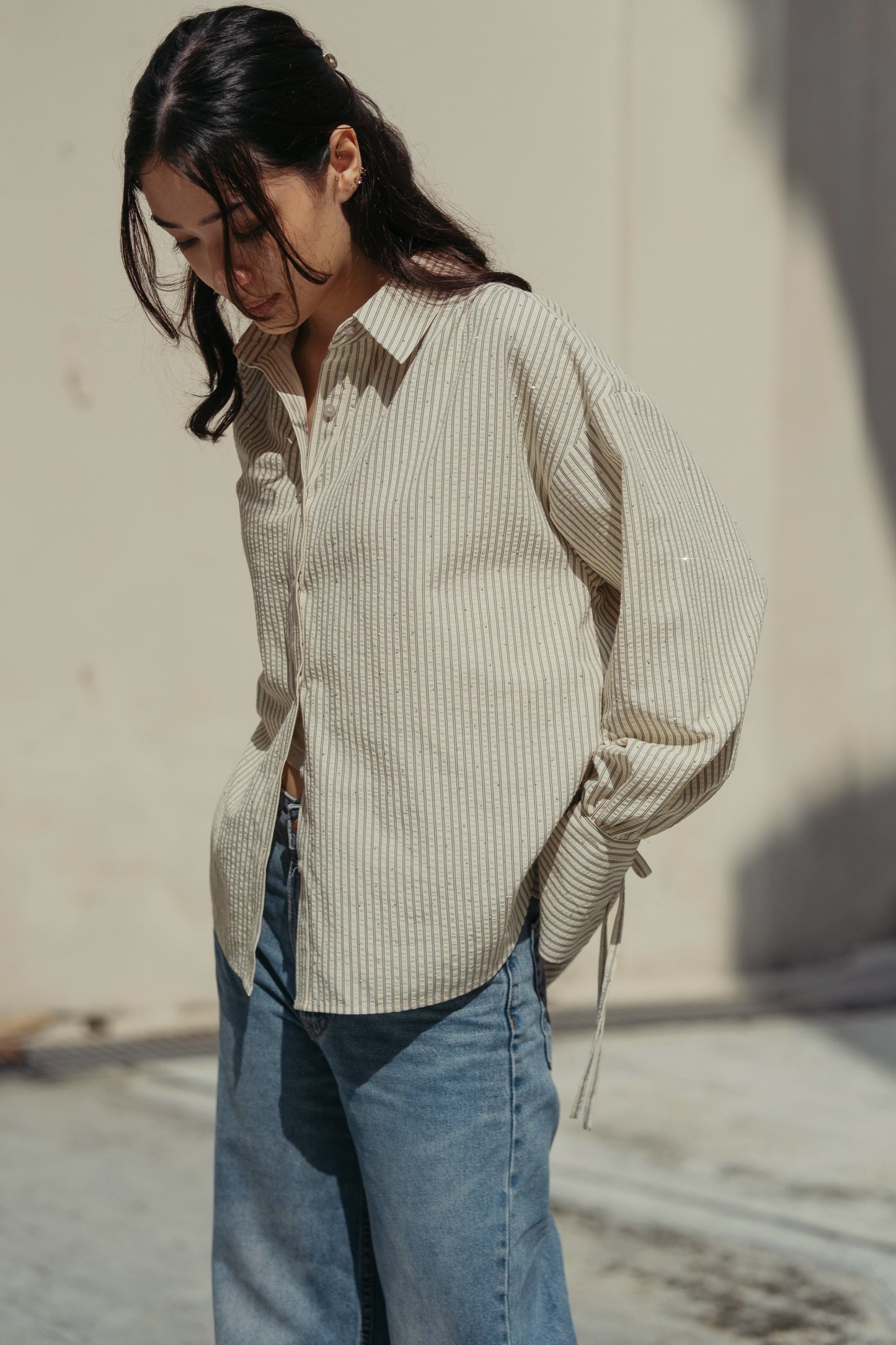 THE JOAN STUDDED OVERSIZED SHIRT IN BLUE STRIPES