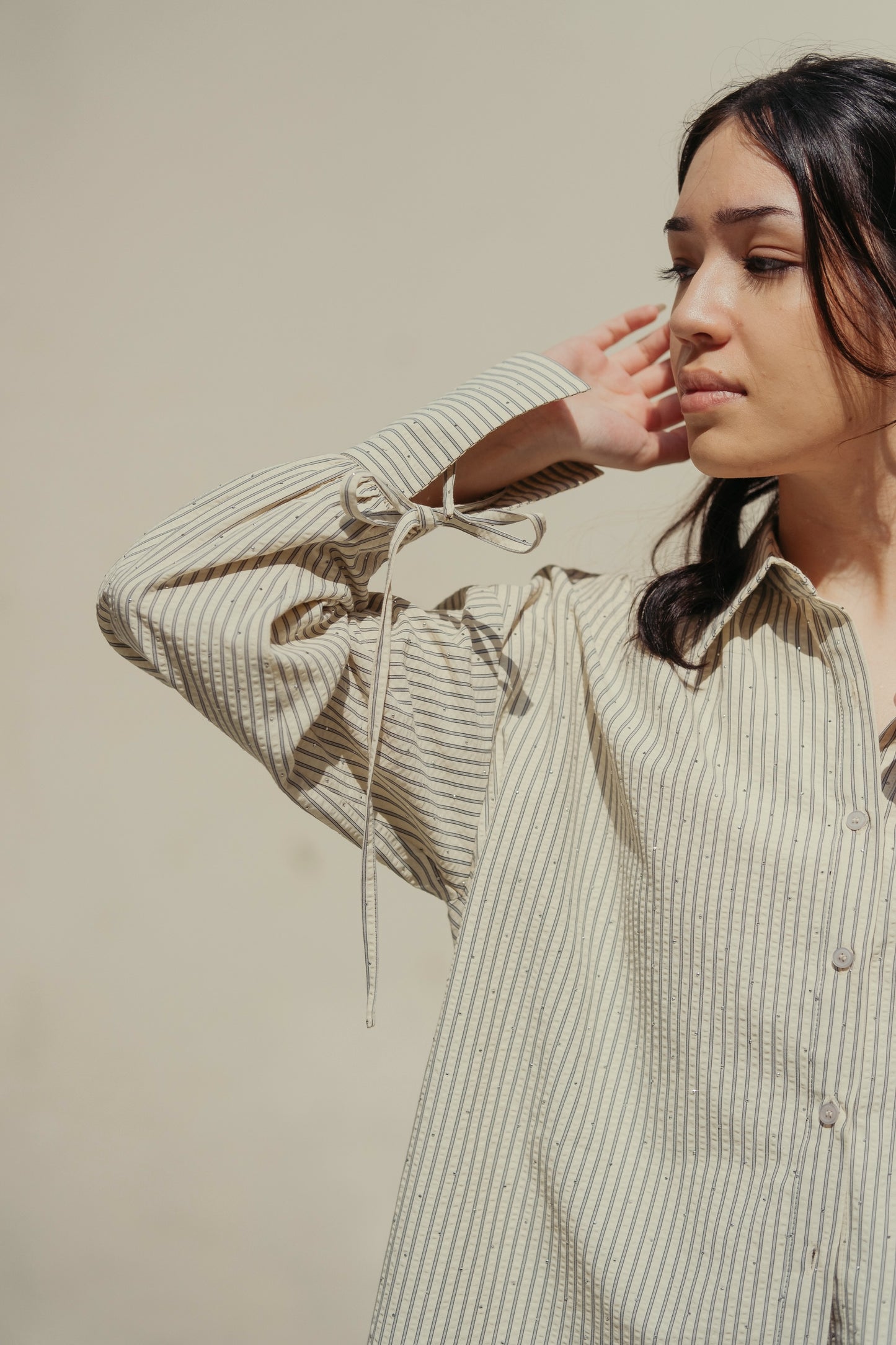 THE JOAN STUDDED OVERSIZED SHIRT IN BLUE STRIPES