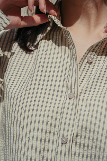 THE JOAN STUDDED OVERSIZED SHIRT IN BLUE STRIPES