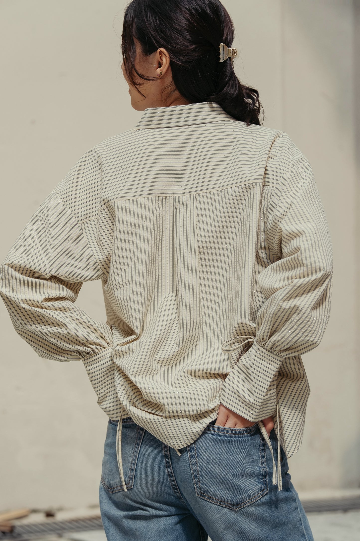 THE JOAN STUDDED OVERSIZED SHIRT IN BLUE STRIPES