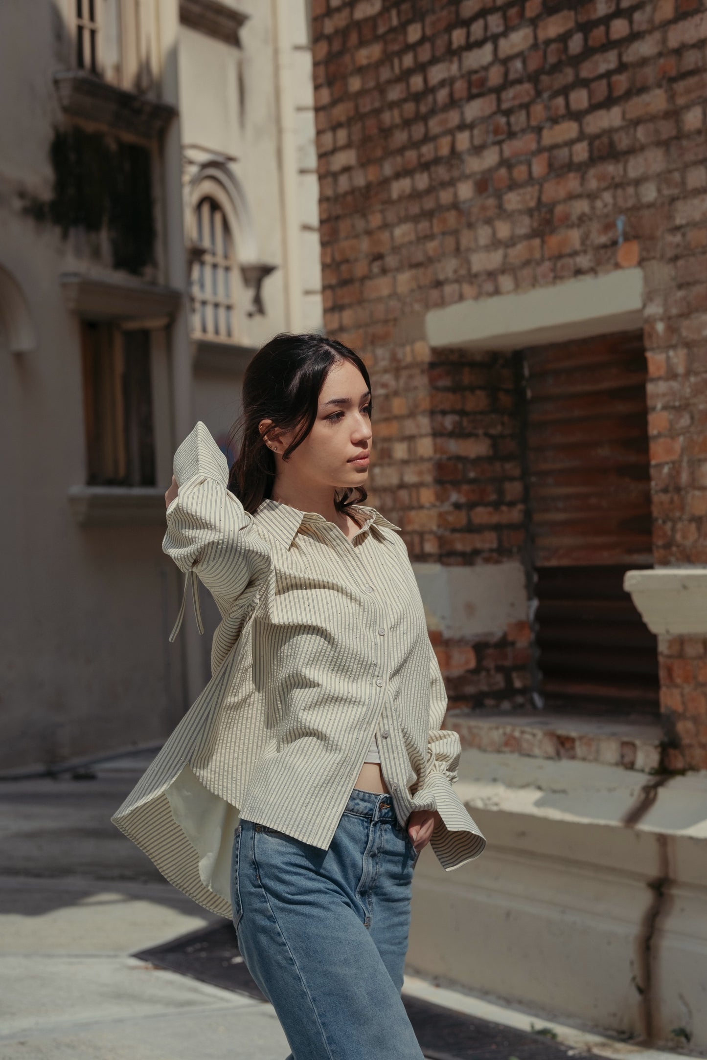 THE JOAN STUDDED OVERSIZED SHIRT IN BLUE STRIPES